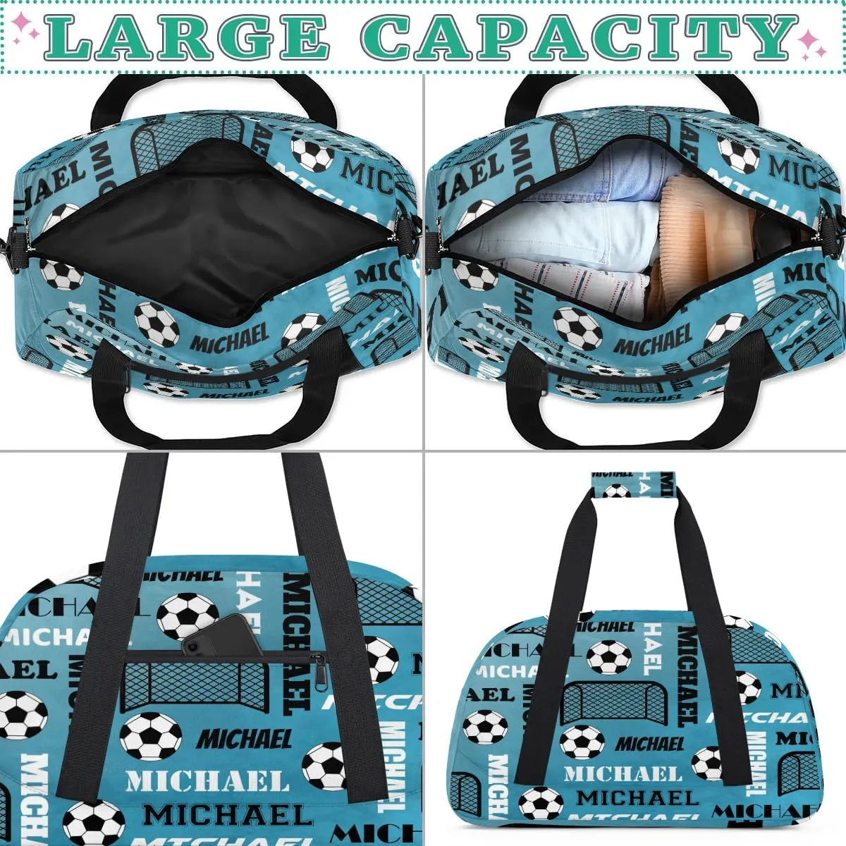 Custom Soccer Gym Duffel Bag with Name, Personalized Name Sport Bag Overnight Bags Custom Travel Weekender Bag for Women Men, Dark Blue