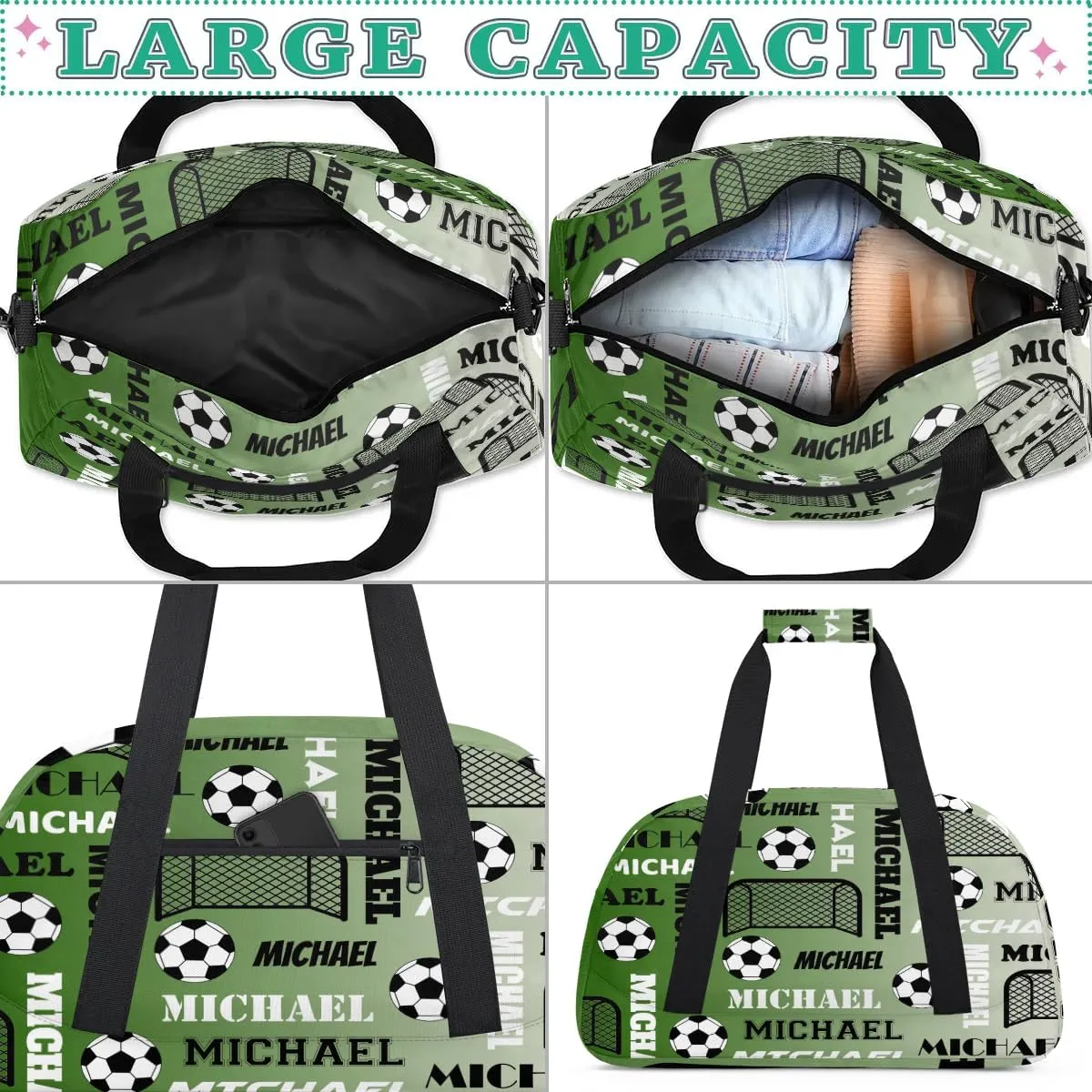 Custom Soccer Gym Duffel Bag with Name, Personalized Name Sport Bag Overnight Bags Custom Travel Weekender Bag for Women Men, Misty Green