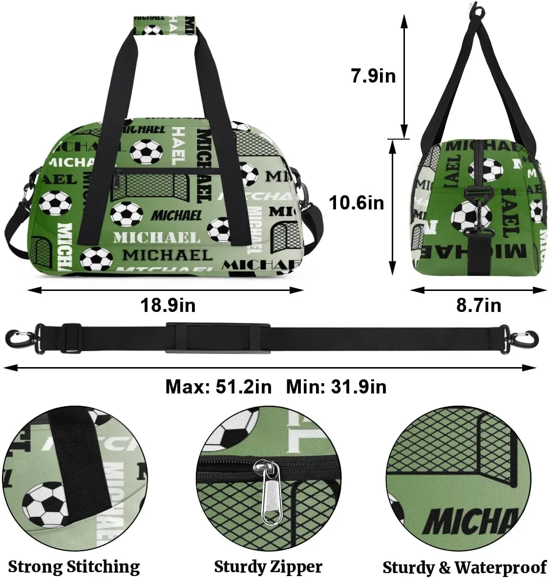 Custom Soccer Gym Duffel Bag with Name, Personalized Name Sport Bag Overnight Bags Custom Travel Weekender Bag for Women Men, Misty Green