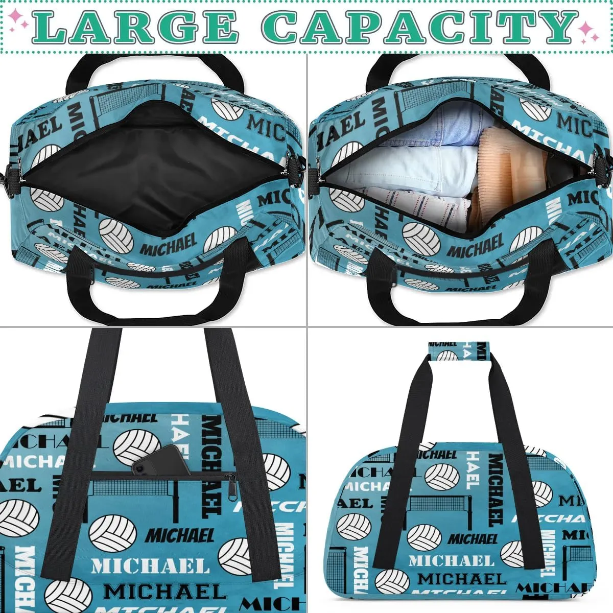 Custom Volleyball Gym Bag Duffel Bag for Women Men, Personalized Name Sport Bag Overnight Bags Customized Travel Weekender Bag, Dark Blue