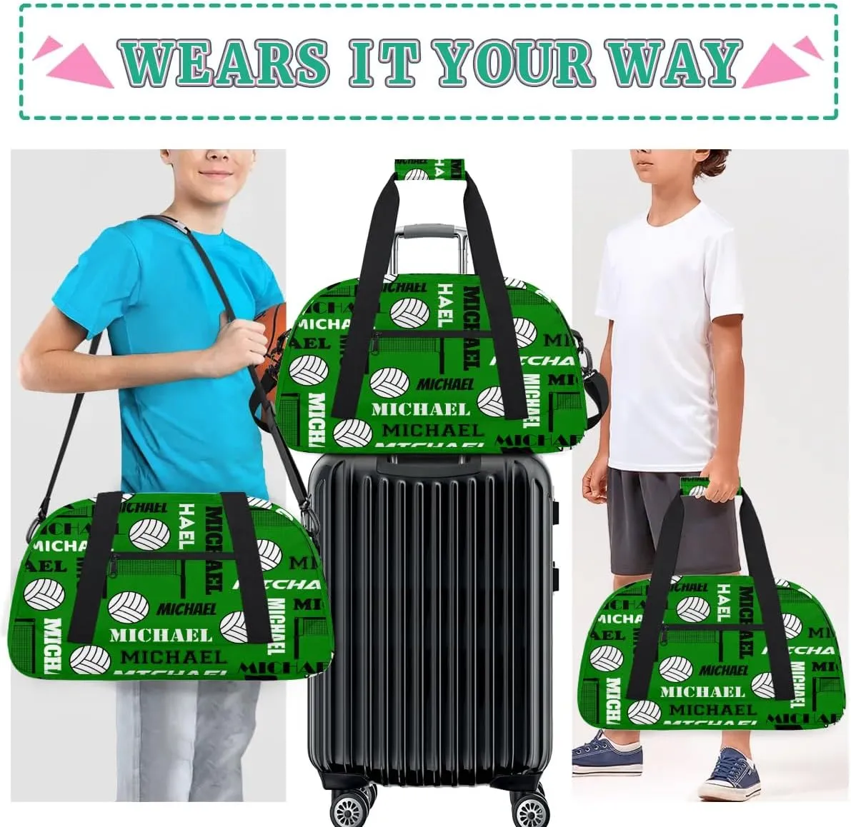 Custom Volleyball Gym Bag Duffel Bag for Women Men, Personalized Name Sport Bag Overnight Bags Customized Travel Weekender Bag, Dark Green