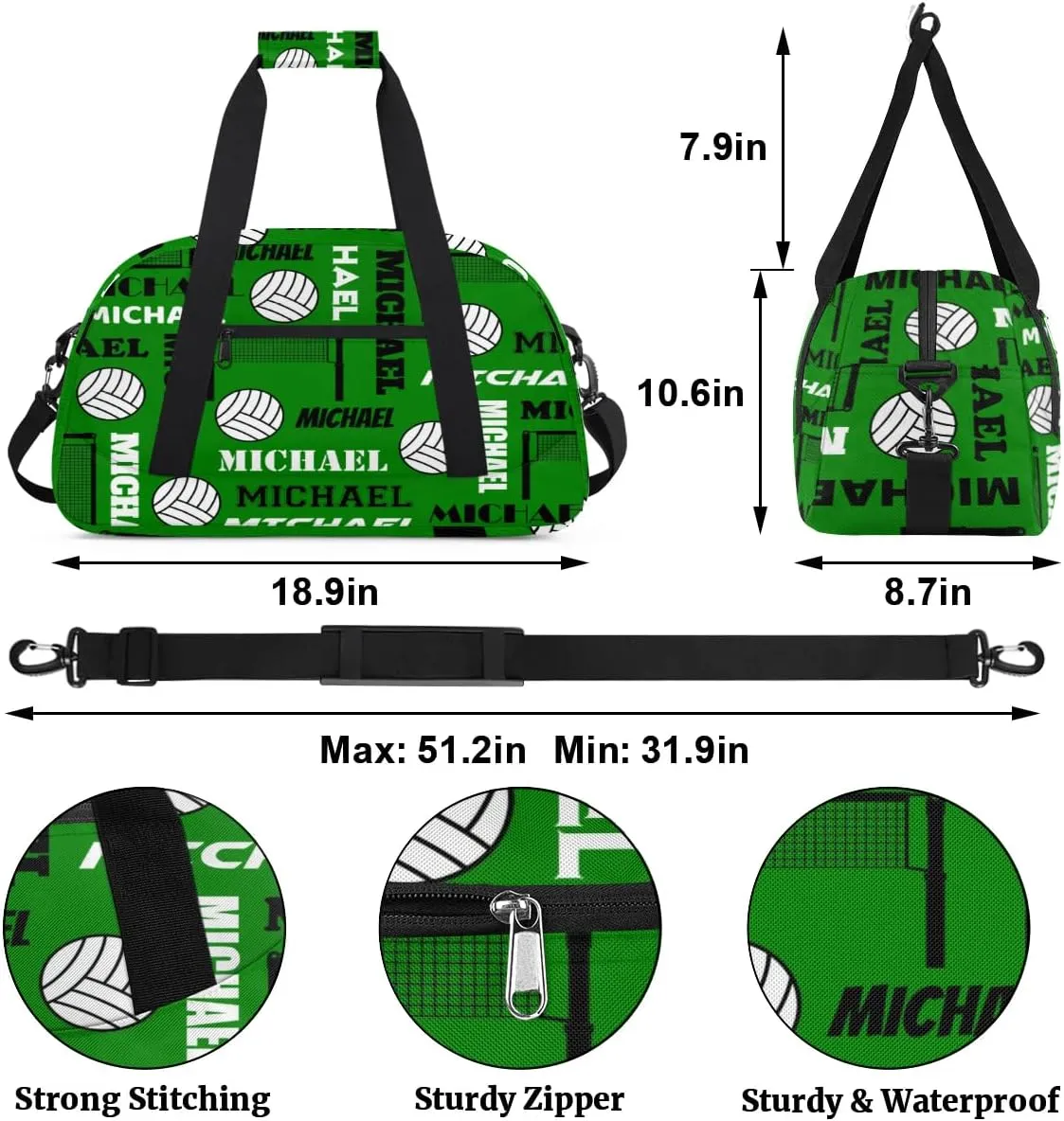 Custom Volleyball Gym Bag Duffel Bag for Women Men, Personalized Name Sport Bag Overnight Bags Customized Travel Weekender Bag, Dark Green