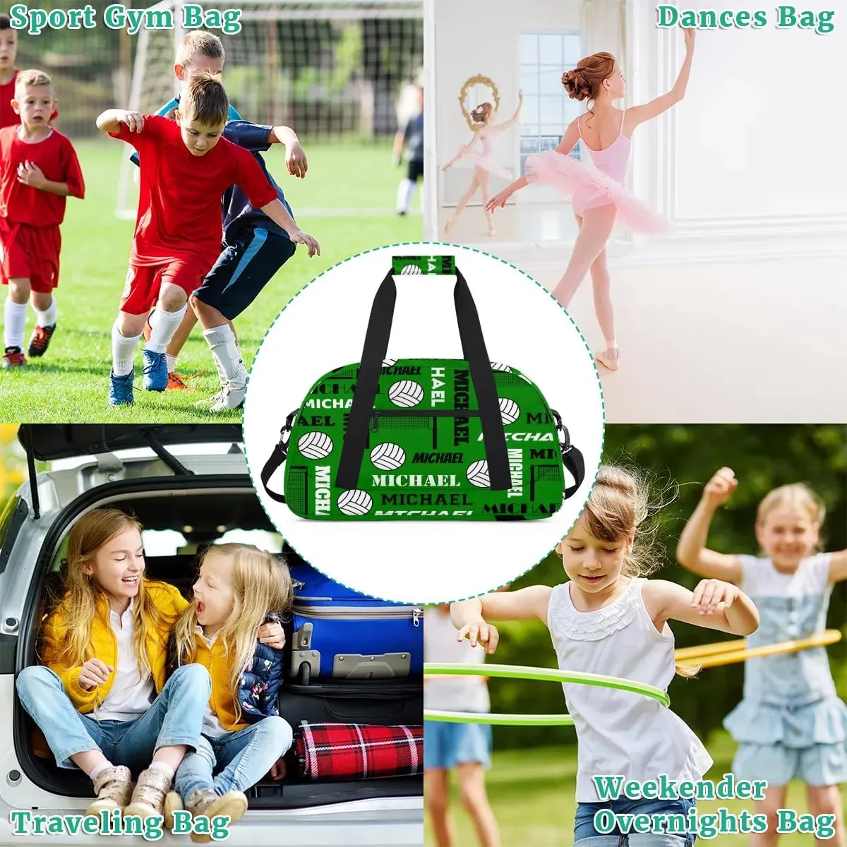 Custom Volleyball Gym Bag Duffel Bag for Women Men, Personalized Name Sport Bag Overnight Bags Customized Travel Weekender Bag, Dark Green