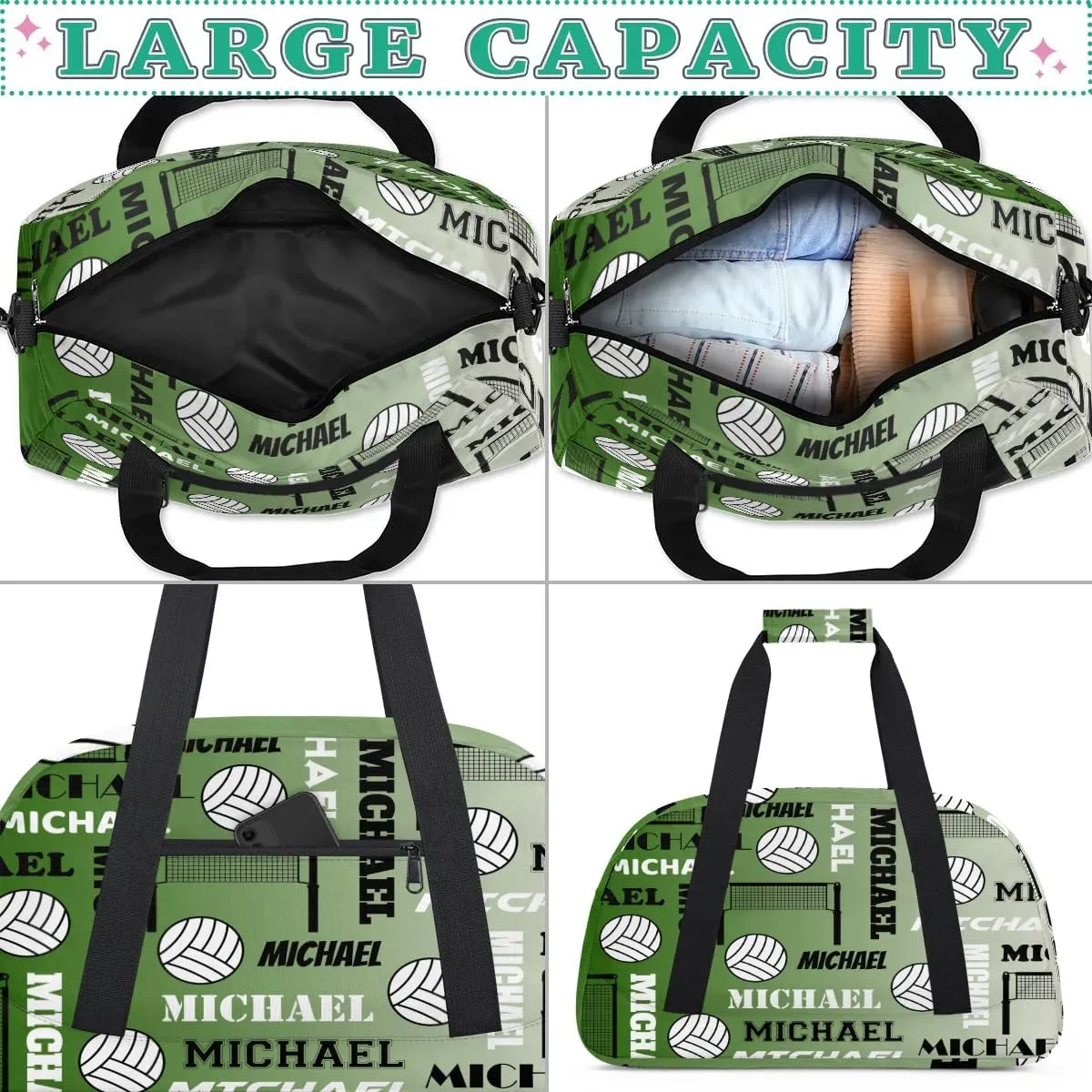 Custom Volleyball Gym Bag Duffel Bag for Women Men, Personalized Name Sport Bag Overnight Bags Customized Travel Weekender Bag, Misty Green