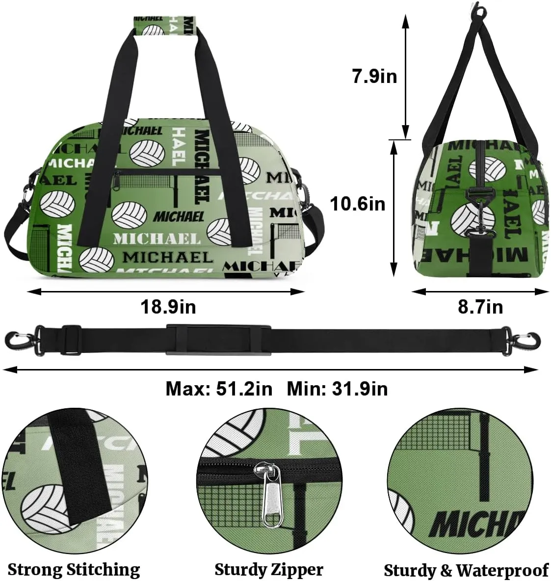 Custom Volleyball Gym Bag Duffel Bag for Women Men, Personalized Name Sport Bag Overnight Bags Customized Travel Weekender Bag, Misty Green