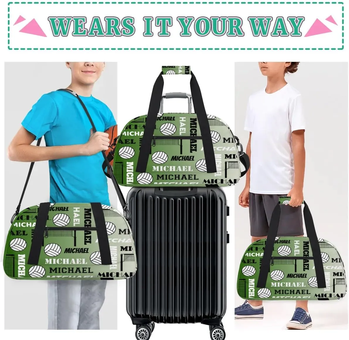 Custom Volleyball Gym Bag Duffel Bag for Women Men, Personalized Name Sport Bag Overnight Bags Customized Travel Weekender Bag, Misty Green
