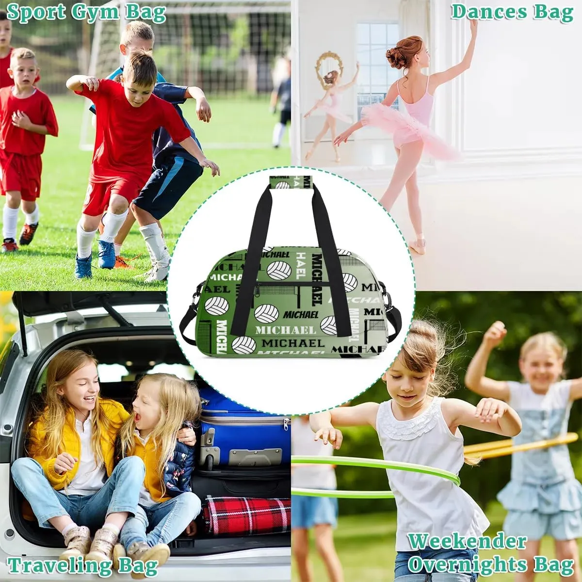 Custom Volleyball Gym Bag Duffel Bag for Women Men, Personalized Name Sport Bag Overnight Bags Customized Travel Weekender Bag, Misty Green
