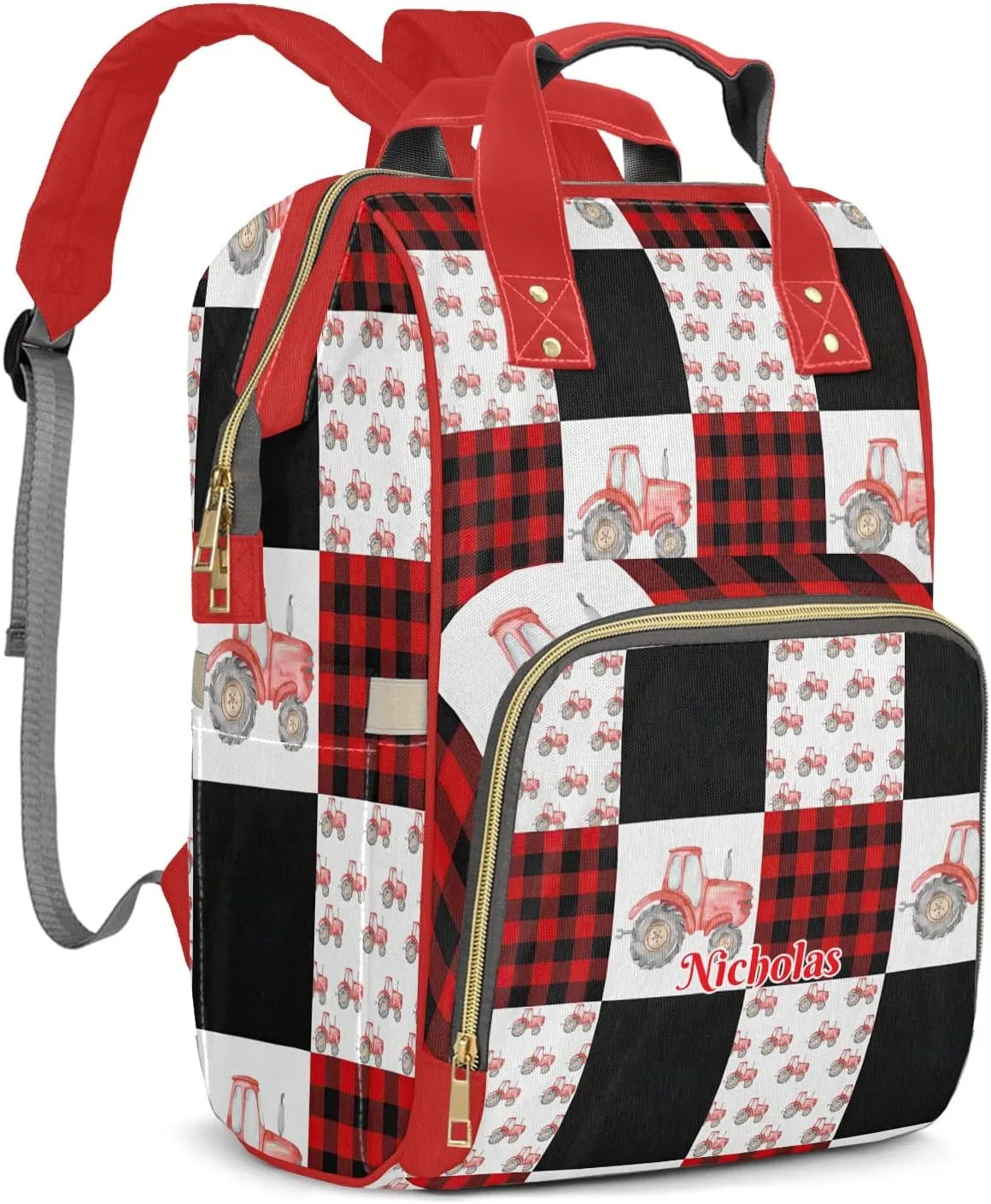 Custom Watercolor Red Plaid Cute Farm Tractor Diaper Bag Backpack with Name Personalized Nappy Shoulders Bag Women Men Gifts