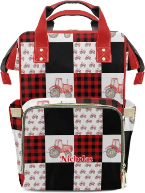 Custom Watercolor Red Plaid Cute Farm Tractor Diaper Bag Backpack with Name Personalized Nappy Shoulders Bag Women Men Gifts