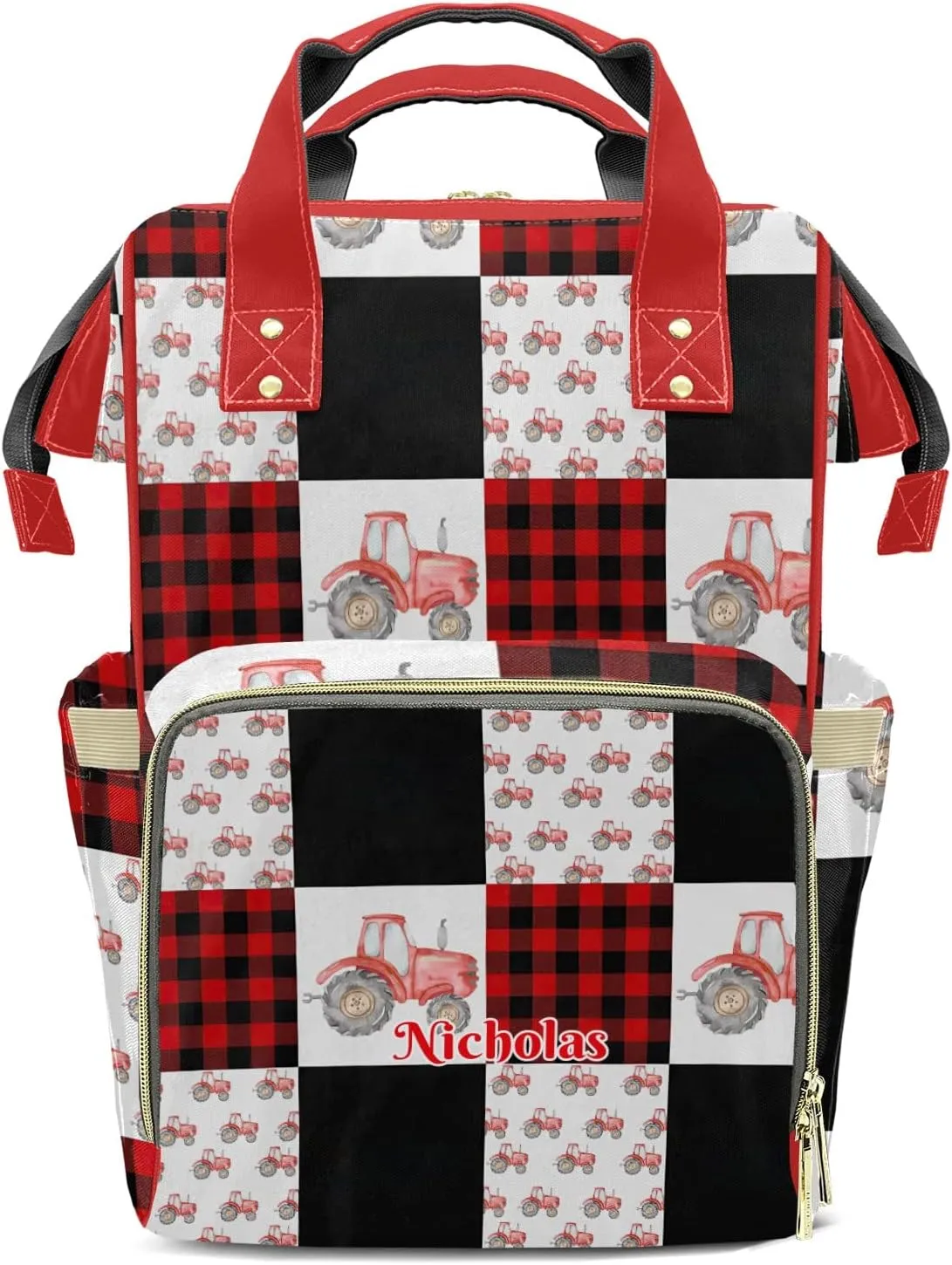 Custom Watercolor Red Plaid Cute Farm Tractor Diaper Bag Backpack with Name Personalized Nappy Shoulders Bag Women Men Gifts