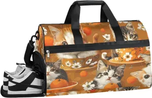 Cute Cats on Tea Cup Sport Gym Bag for Women Men with Shoes Compartment & Wet Pocket, Travel Duffel Bag Sport Gym Tote Bags Swimming Yoga Ballet Weekend Overnight Bag Carry on Bag for Airplane