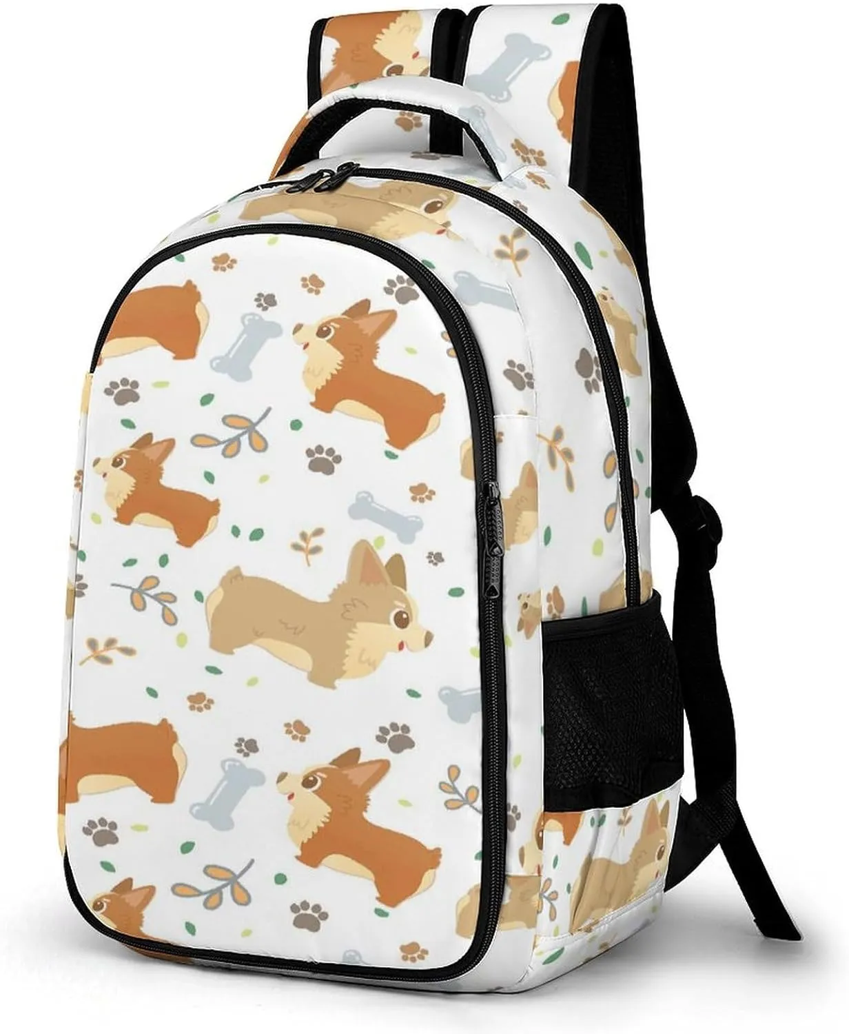 Cute Corgi Dog Cartoon Laptop Backpack Paw Leaves Bone Travel Bags Daypack Durable Work Camping Hiking Back Packs for Women Men