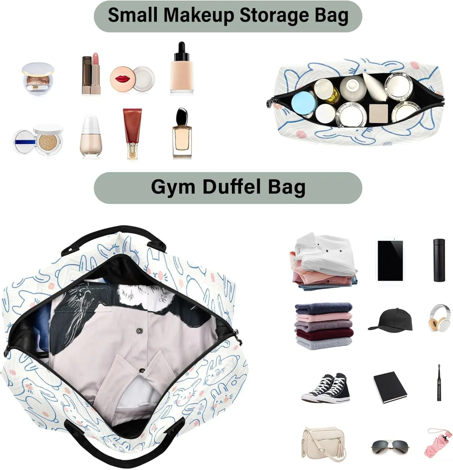 Cute Rabbit Doodle Style Bunny Duffel Bag for Travel Toiletry Bags Set, Floral Animal Garment Duffel Bag Carry on Bag
