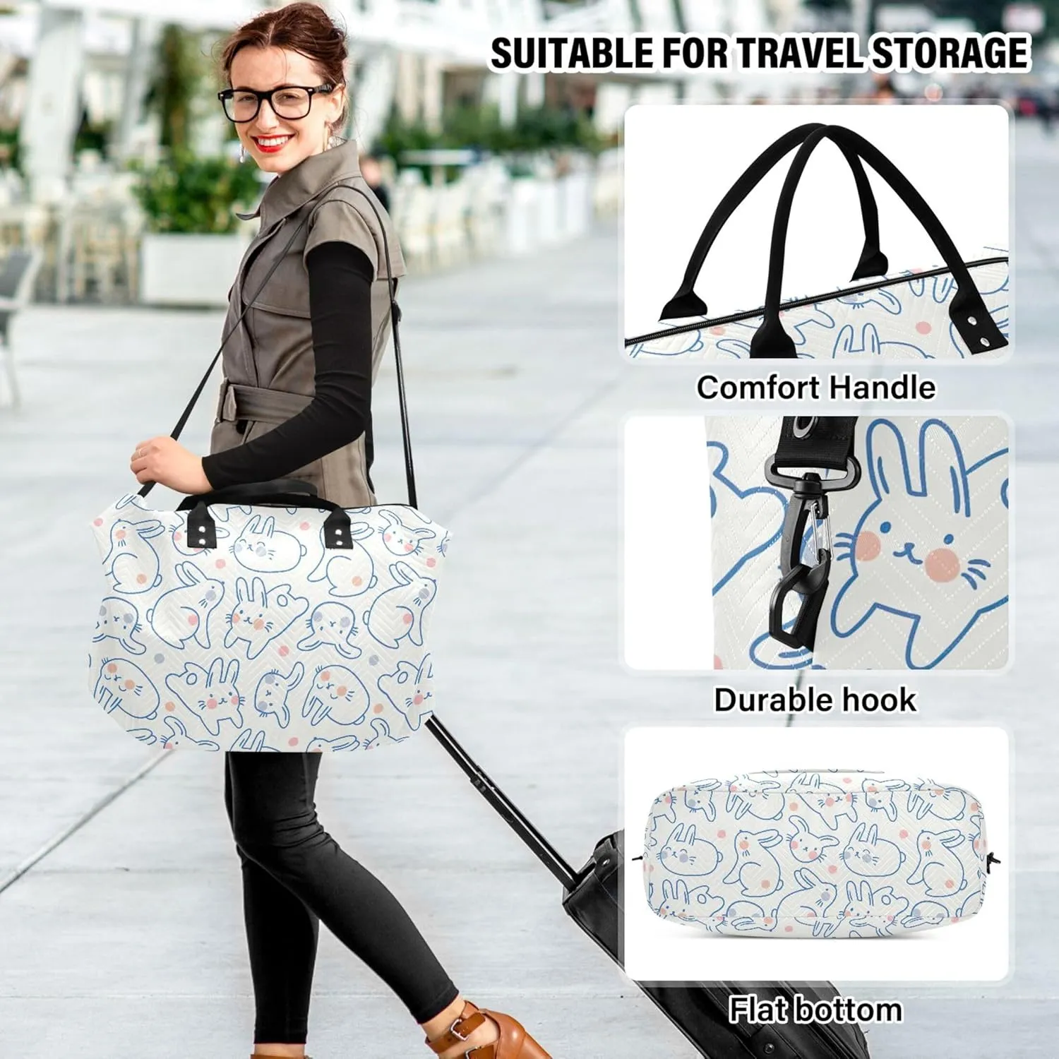 Cute Rabbit Doodle Style Bunny Duffel Bag for Travel Toiletry Bags Set, Floral Animal Garment Duffel Bag Carry on Bag