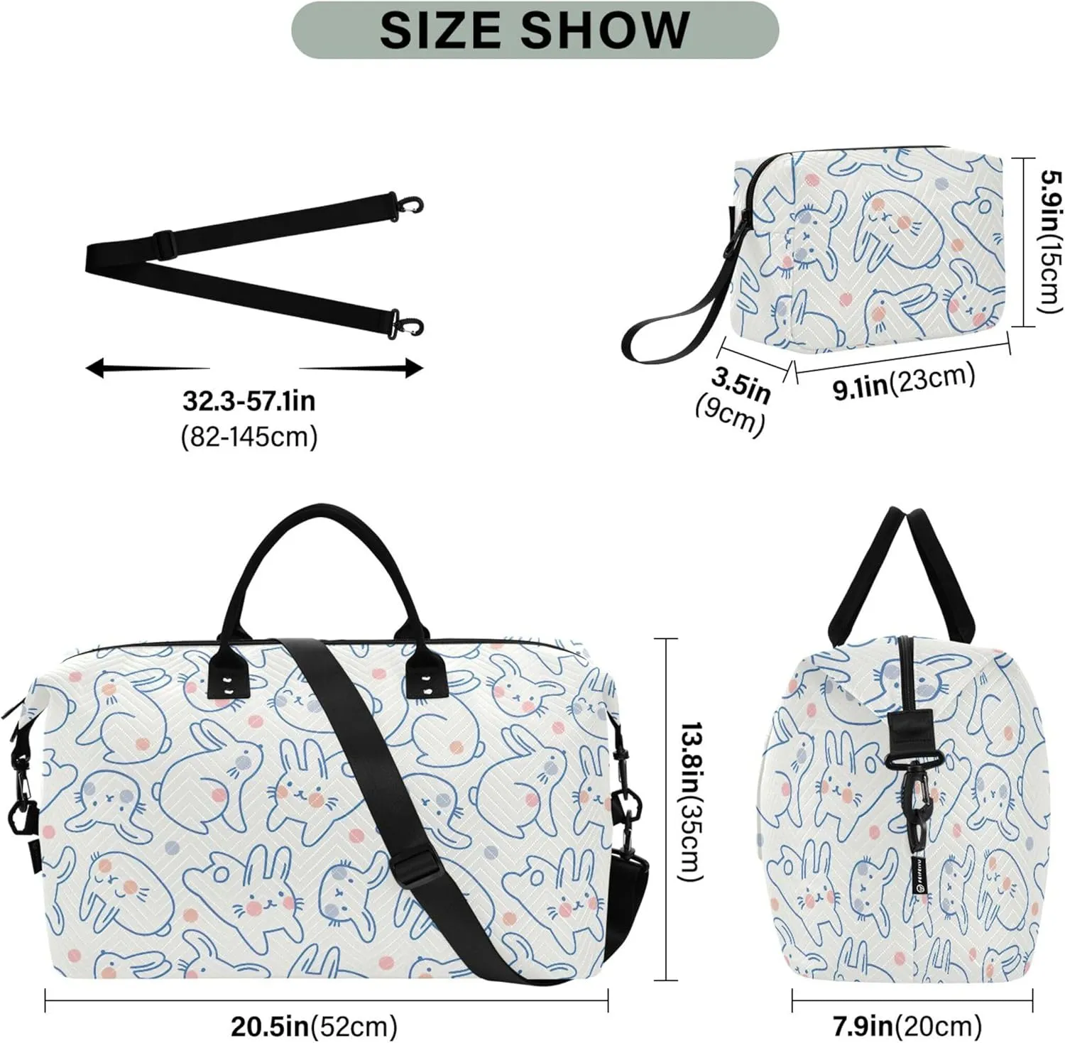 Cute Rabbit Doodle Style Bunny Duffel Bag for Travel Toiletry Bags Set, Floral Animal Garment Duffel Bag Carry on Bag