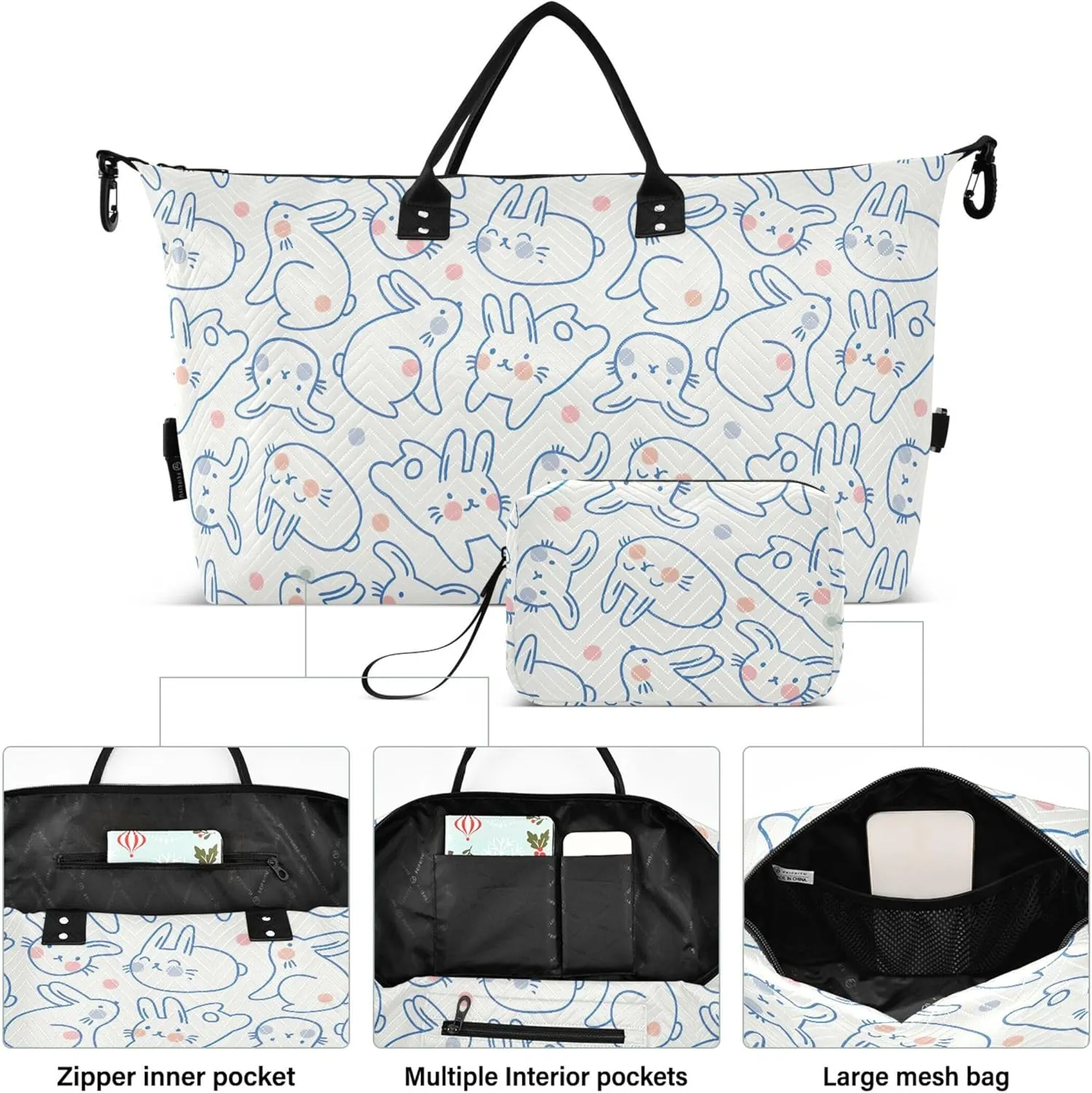 Cute Rabbit Doodle Style Bunny Duffel Bag for Travel Toiletry Bags Set, Floral Animal Garment Duffel Bag Carry on Bag