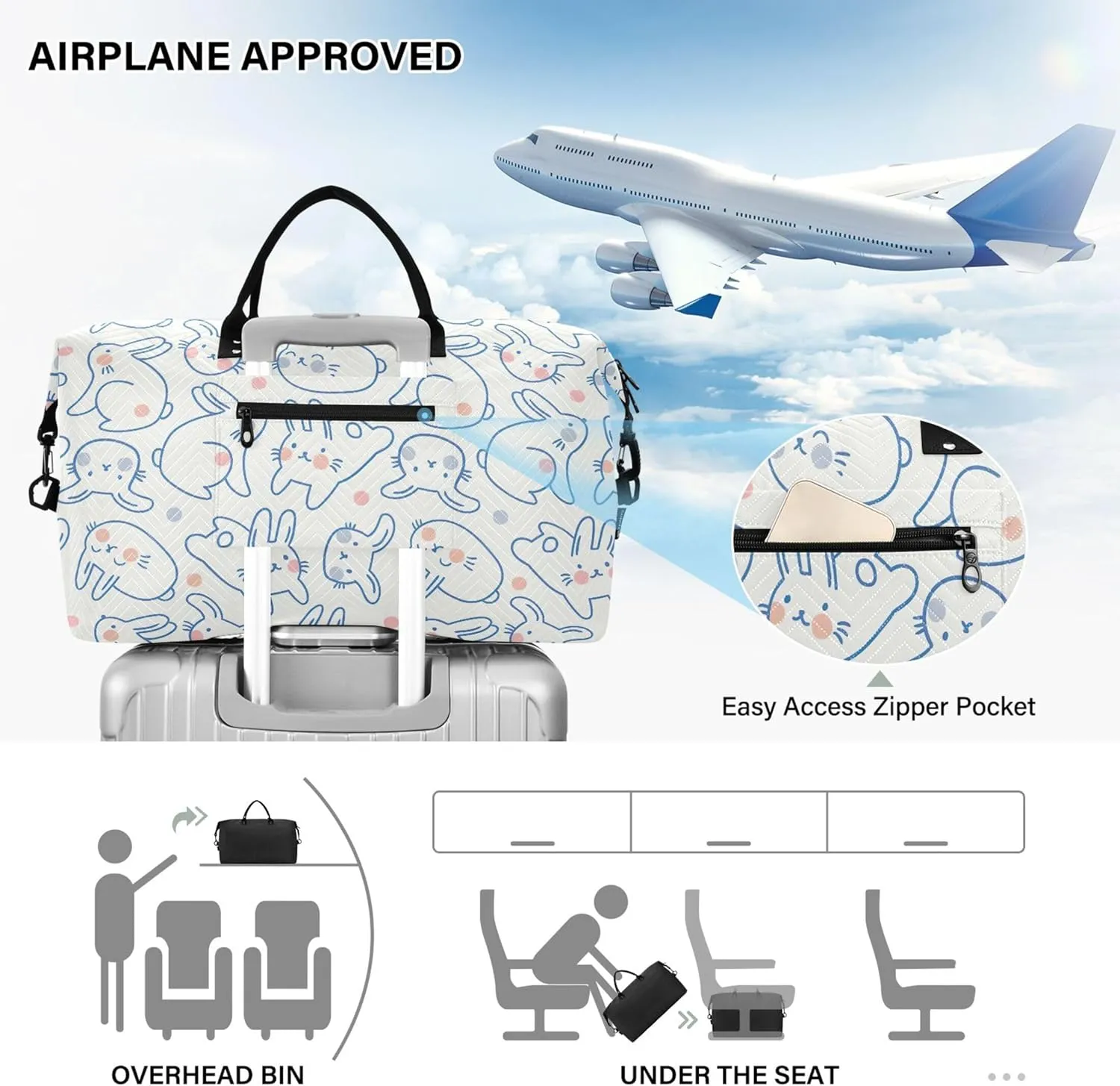Cute Rabbit Doodle Style Bunny Duffel Bag for Travel Toiletry Bags Set, Floral Animal Garment Duffel Bag Carry on Bag