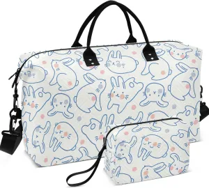 Cute Rabbit Doodle Style Bunny Duffel Bag for Travel Toiletry Bags Set, Floral Animal Garment Duffel Bag Carry on Bag