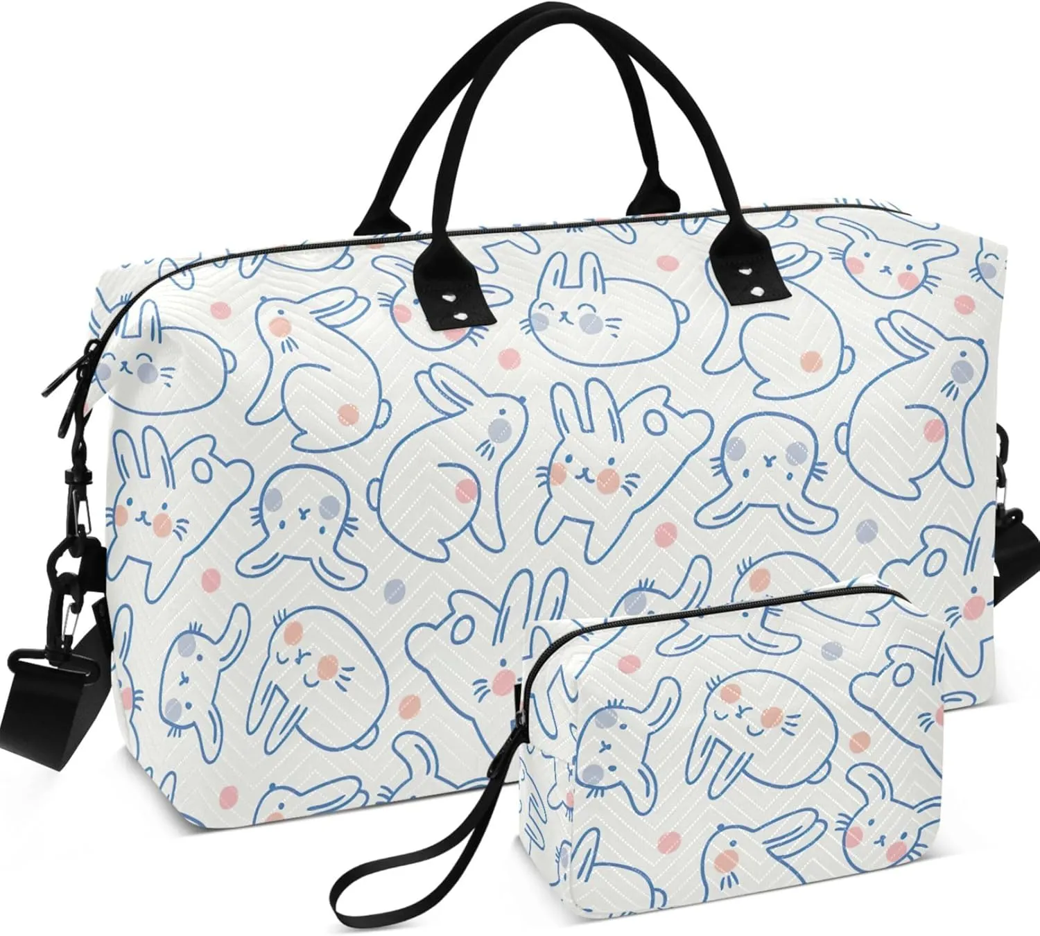 Cute Rabbit Doodle Style Bunny Duffel Bag for Travel Toiletry Bags Set, Floral Animal Garment Duffel Bag Carry on Bag