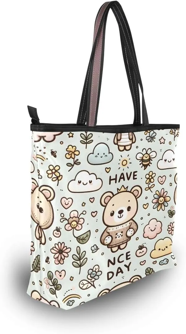 Cute Teddy Bear Smile Shoulder Bags Large Handle Ladies Handbag