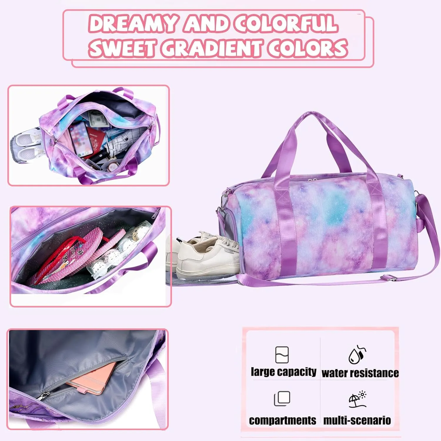 Dance Bag for Girls Gymnastics Bag Teens Gym Sports Ballet Bags Girls Overnight Sleepover Duffle Bags with Shoe Compartments and Wet Pocket（Marble Tie Dye）