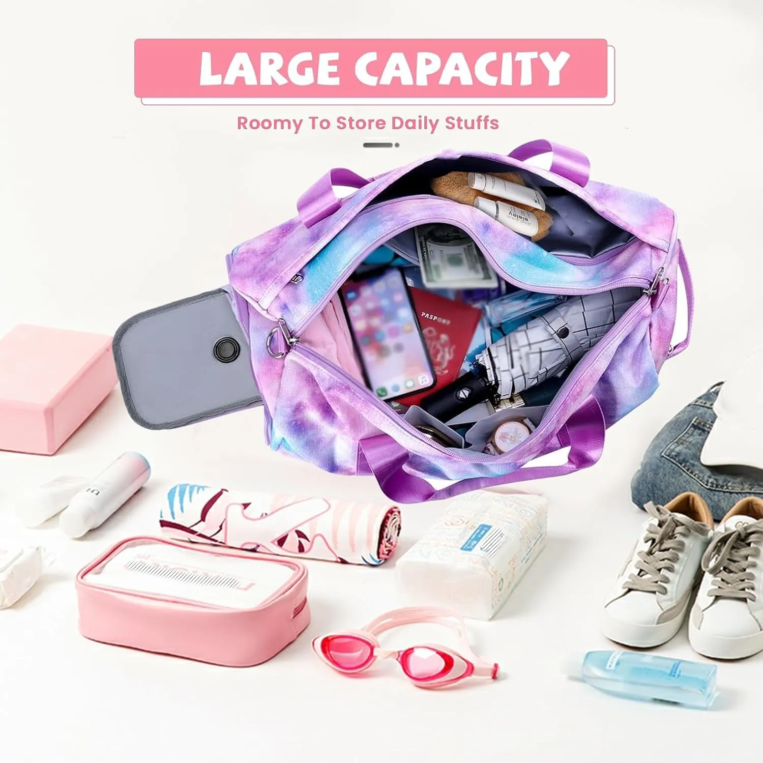 Dance Bag for Girls Gymnastics Bag Teens Gym Sports Ballet Bags Girls Overnight Sleepover Duffle Bags with Shoe Compartments and Wet Pocket（Marble Tie Dye）
