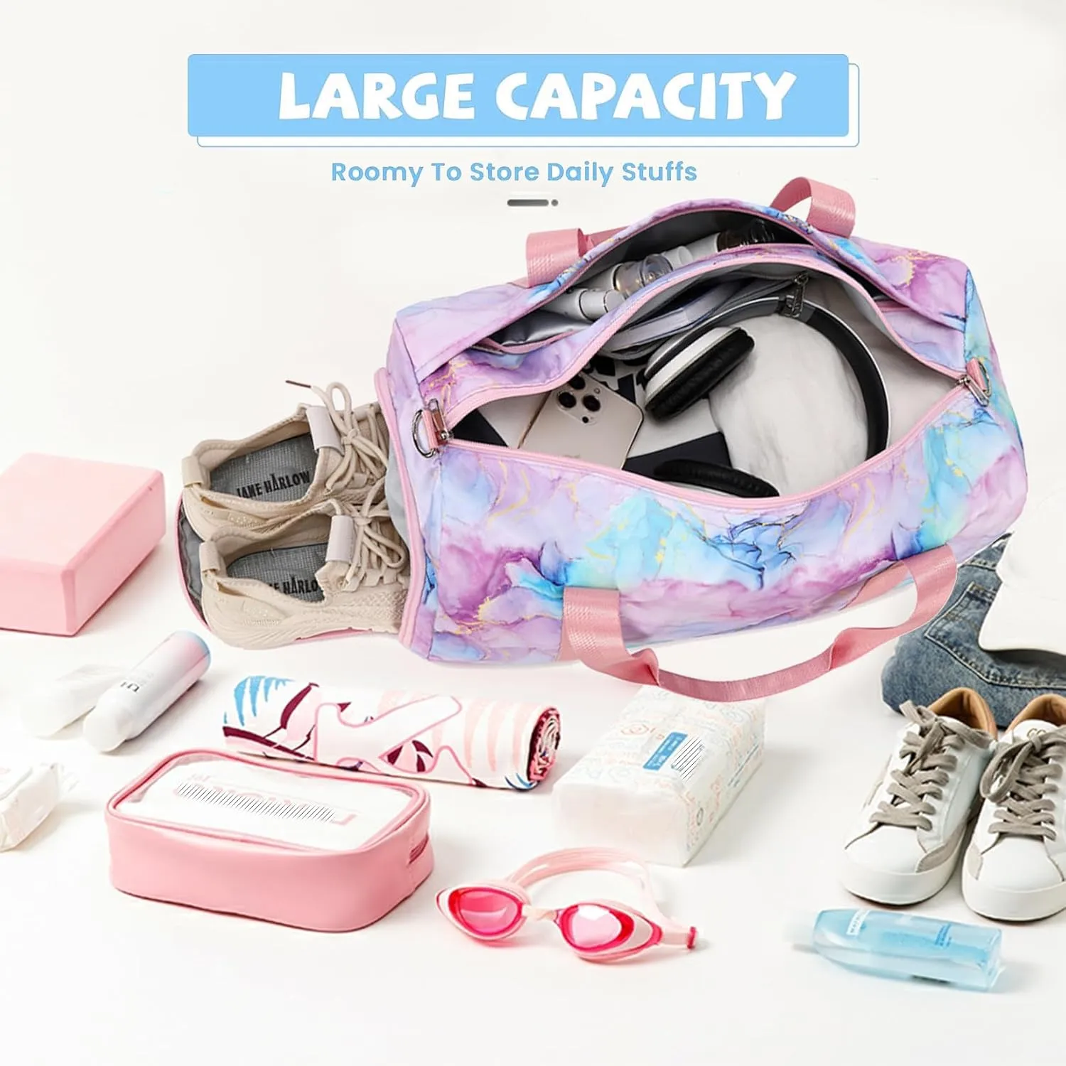 Dance Bag for Girls Gymnastics Ballet Bag Teens Gym Sports Bags Girls Overnight Sleepover Kids Duffle Bags with Shoe Compartments and Wet Pocket,Marble Pink
