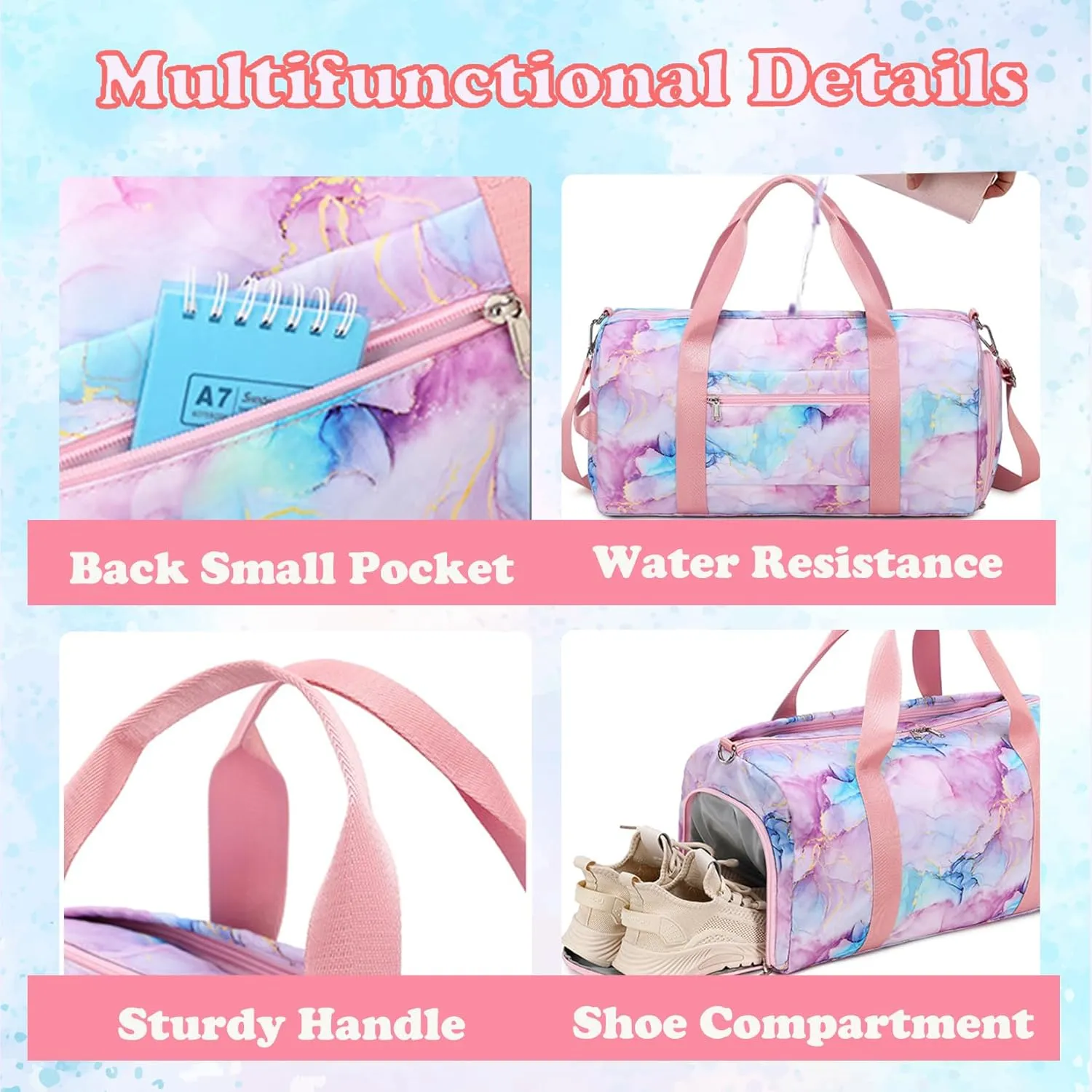 Dance Bag for Girls Gymnastics Ballet Bag Teens Gym Sports Bags Girls Overnight Sleepover Kids Duffle Bags with Shoe Compartments and Wet Pocket,Marble Pink