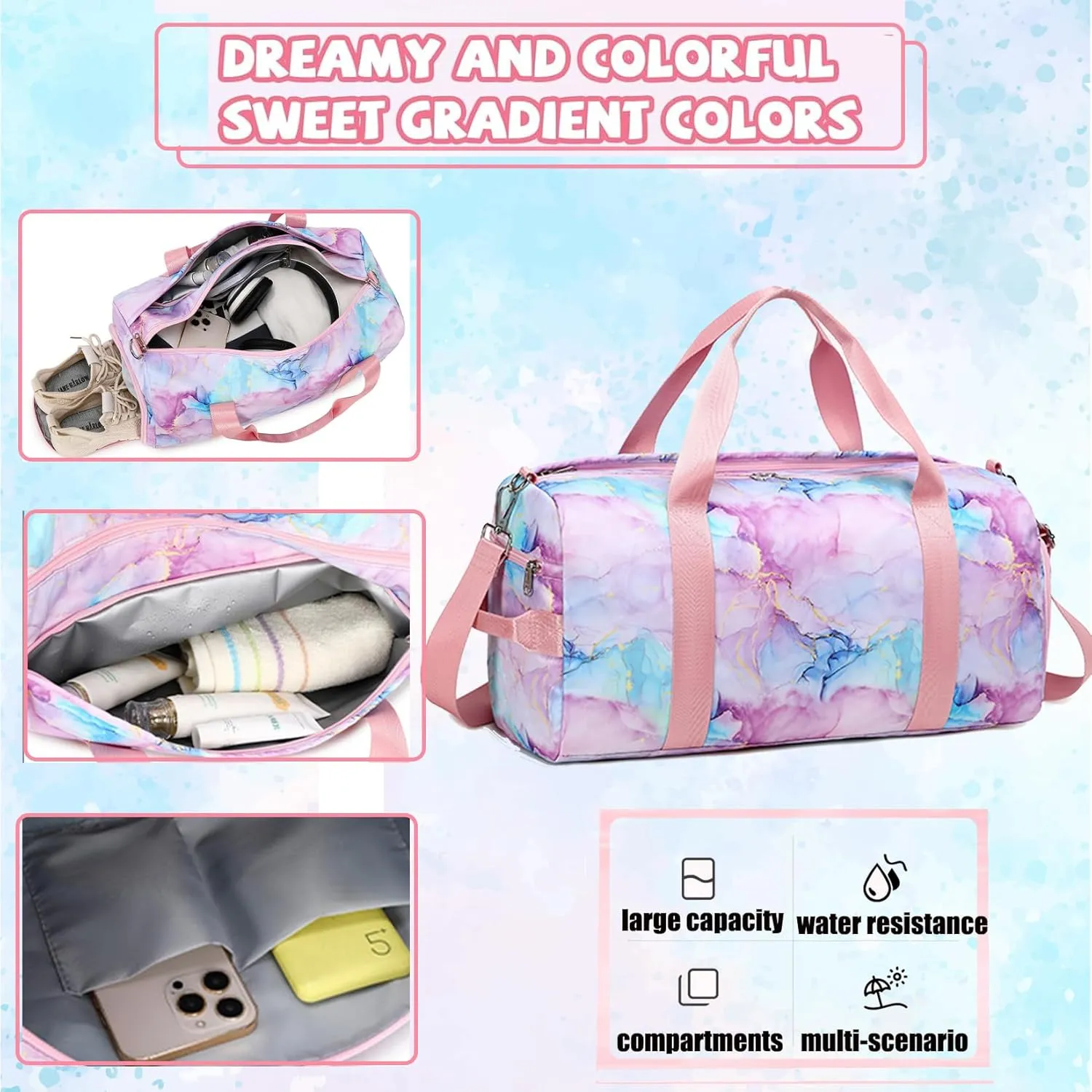 Dance Bag for Girls Gymnastics Ballet Bag Teens Gym Sports Bags Girls Overnight Sleepover Kids Duffle Bags with Shoe Compartments and Wet Pocket,Marble Pink