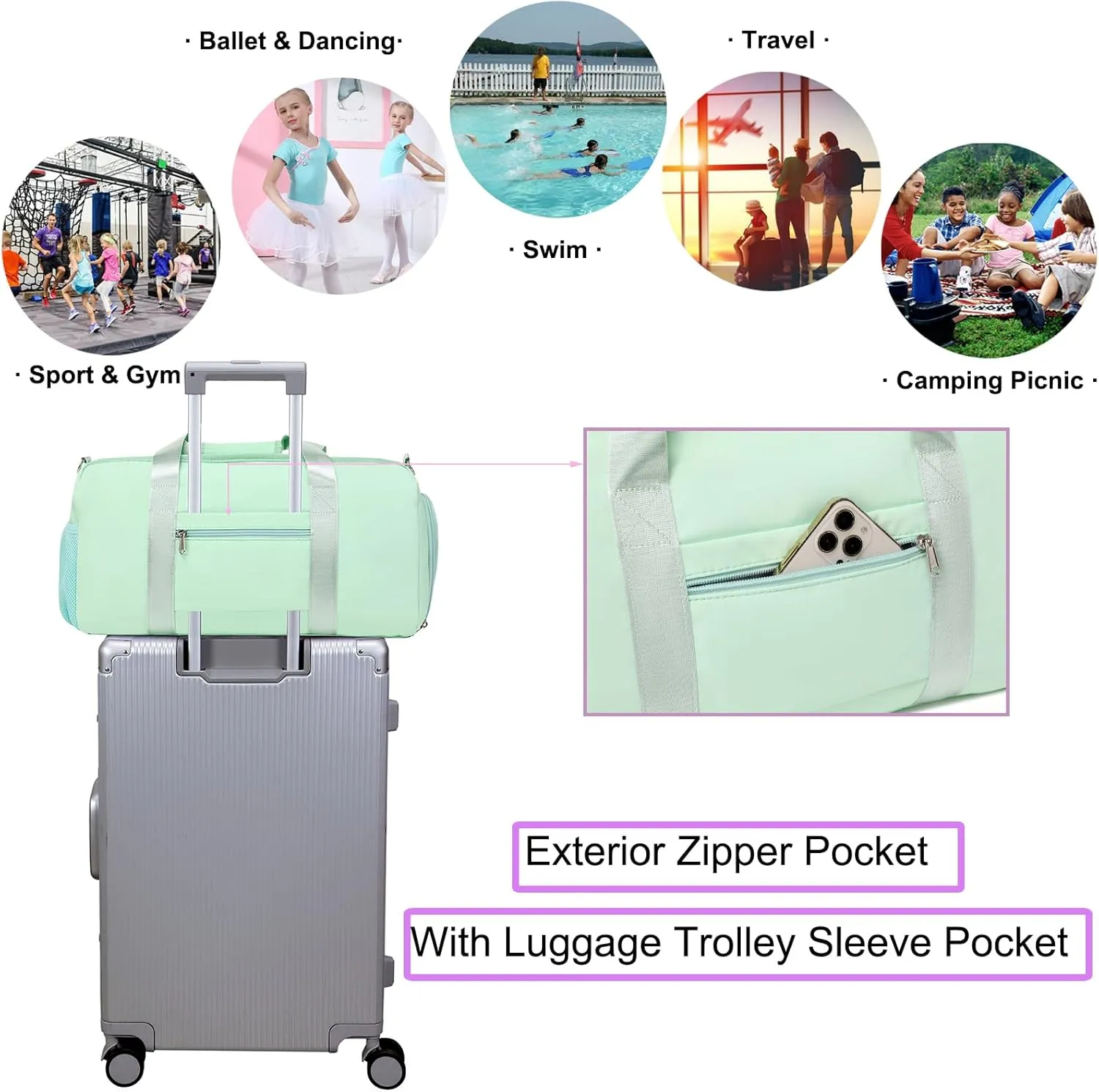 Dance Bag for Girls Sports Duffel Ballet Gym Overnight Yoga Bags Cheer Bag with Shoes Compartment（Green）