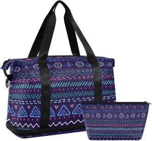 Dark Purple Aztec Versatile Sports Travel Bag - Lasting Twill Tote, Removable Wheel & Rod Bagging, Multi-pocket Design, Complimentary Makeup Bag
