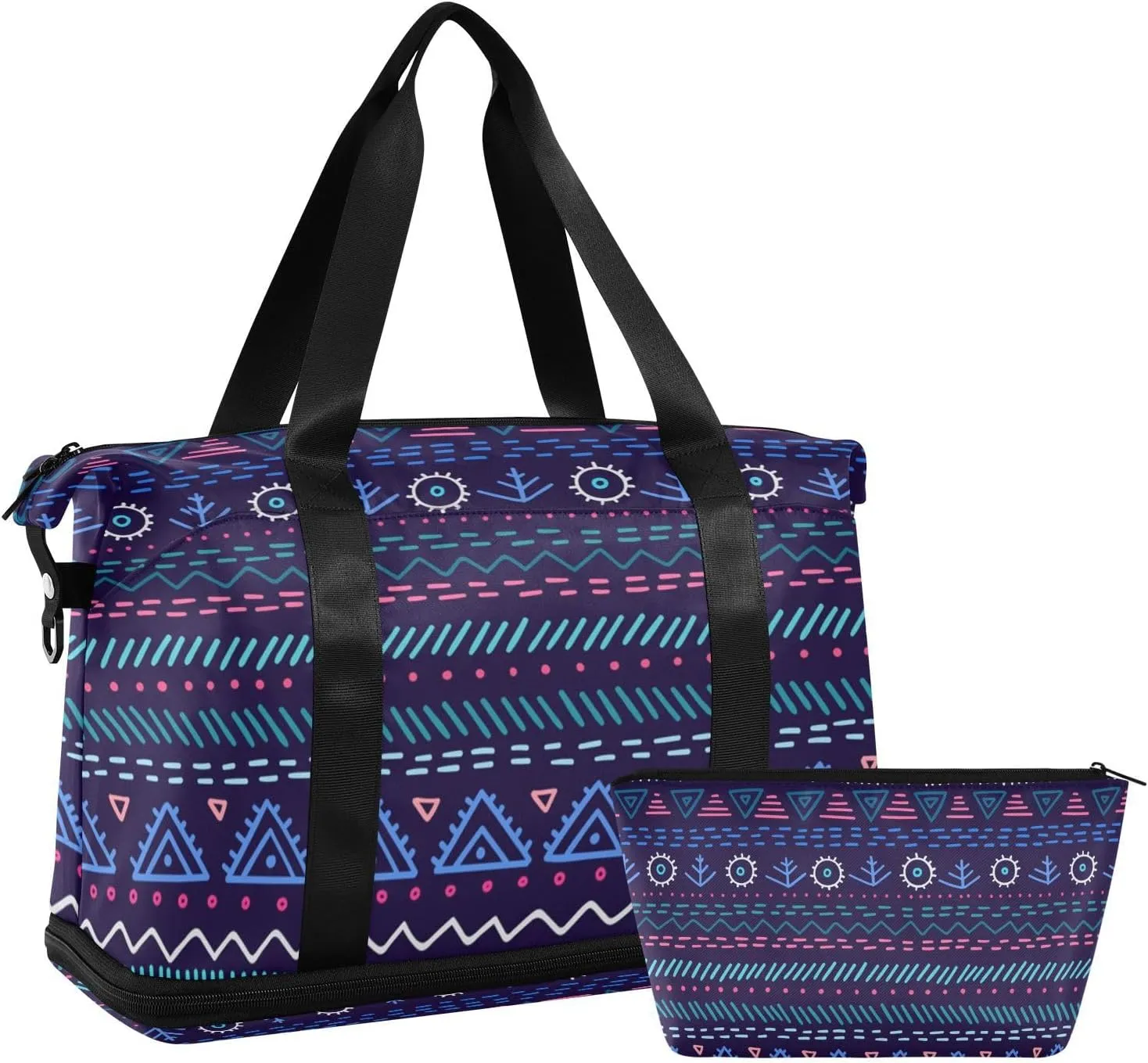 Dark Purple Aztec Versatile Sports Travel Bag - Lasting Twill Tote, Removable Wheel & Rod Bagging, Multi-pocket Design, Complimentary Makeup Bag