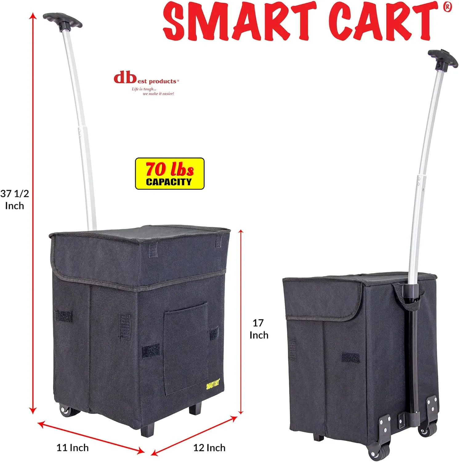 dbest products Smart Cart, BLACK Collapsible Rolling Utility Cart Basket Grocery Shopping Teacher Hobby Craft Art