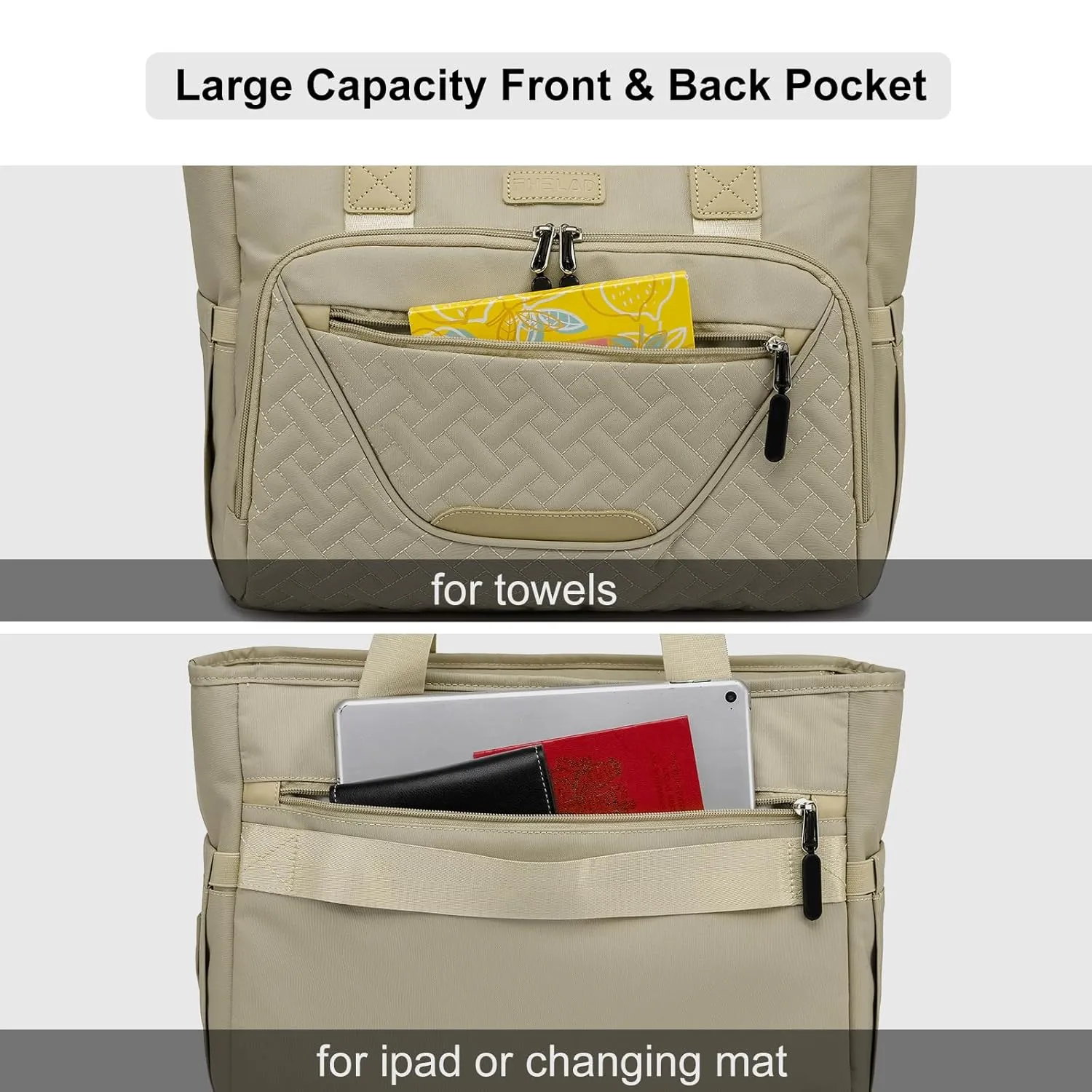 Diaper Bag Tote, Large Capacity Travel Diaper Tote Bags, Hospital Bag for Labor Delivery, Travel Diaper Tote Messenger Purse, Baby Bag with 16 Inch Laptop Compartment (Khaki)