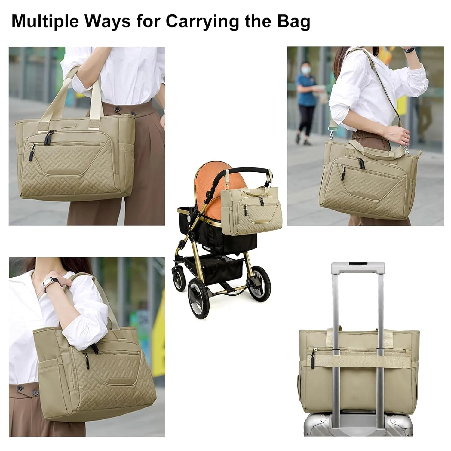 Diaper Bag Tote, Large Capacity Travel Diaper Tote Bags, Hospital Bag for Labor Delivery, Travel Diaper Tote Messenger Purse, Baby Bag with 16 Inch Laptop Compartment (Khaki)