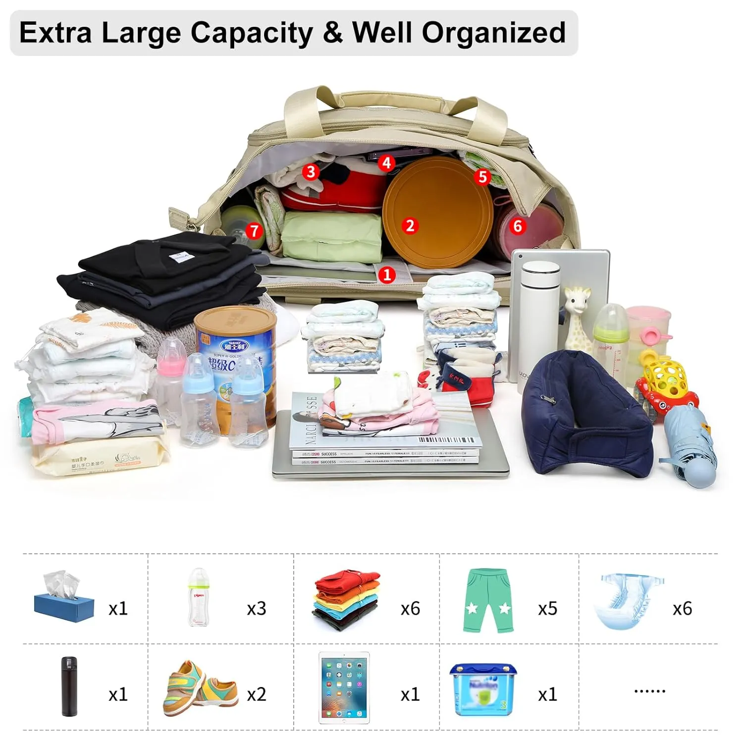 Diaper Bag Tote, Large Capacity Travel Diaper Tote Bags, Hospital Bag for Labor Delivery, Travel Diaper Tote Messenger Purse, Baby Bag with 16 Inch Laptop Compartment (Khaki)