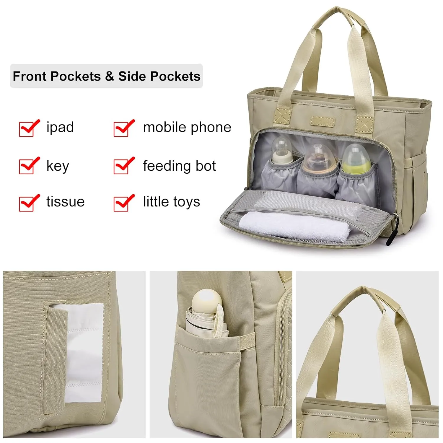 Diaper Bag Tote, Large Capacity Travel Diaper Tote Bags, Hospital Bag for Labor Delivery, Travel Diaper Tote Messenger Purse, Baby Bag with 16 Inch Laptop Compartment (Khaki)