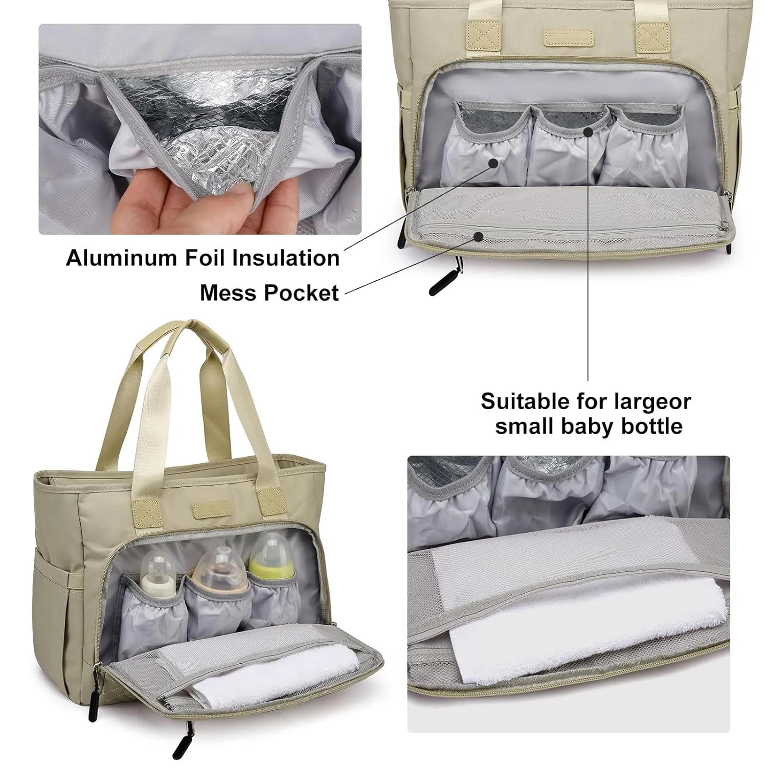 Diaper Bag Tote, Large Capacity Travel Diaper Tote Bags, Hospital Bag for Labor Delivery, Travel Diaper Tote Messenger Purse, Baby Bag with 16 Inch Laptop Compartment (Khaki)