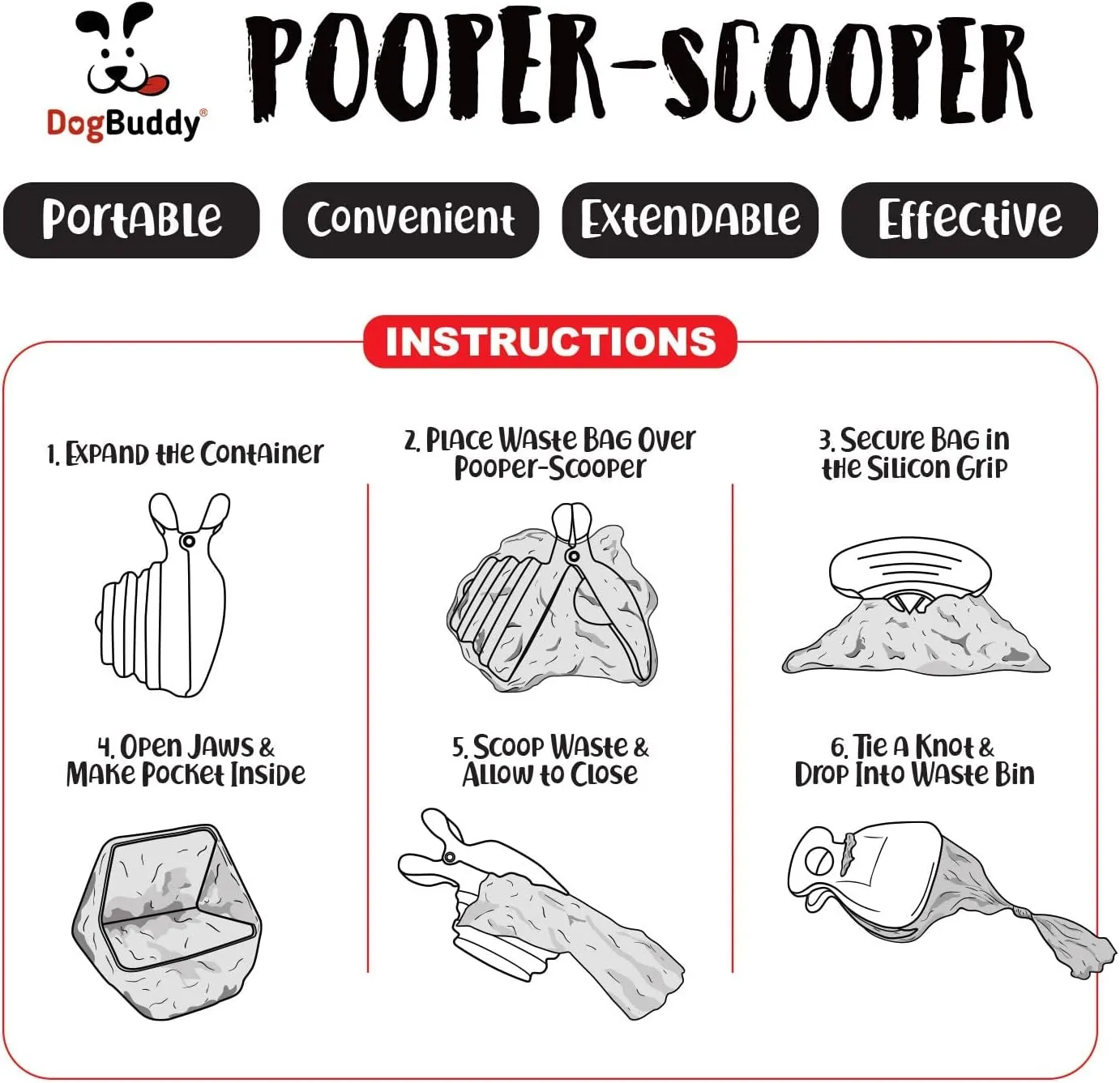 DogBuddy Pooper Scooper, Portable Dog Pooper Scooper, Poop Scooper for Small and Large Dogs, Pooper Scooper With Bag Attachment, Leash Clip and Dog Waste Bags Included (Medium, Mist)