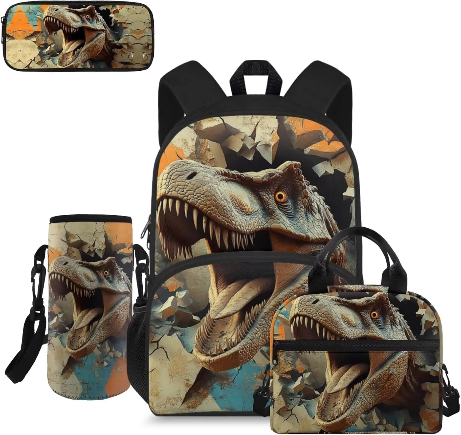 doginthehole 3D Dinosaur Backpack for Boys 6-8 15inch Cool Boys Bookbag with Lunch Box 4 Piece Large Capacity Boys School Bag Set for Preschool Elementary School Kids Canvas Bags