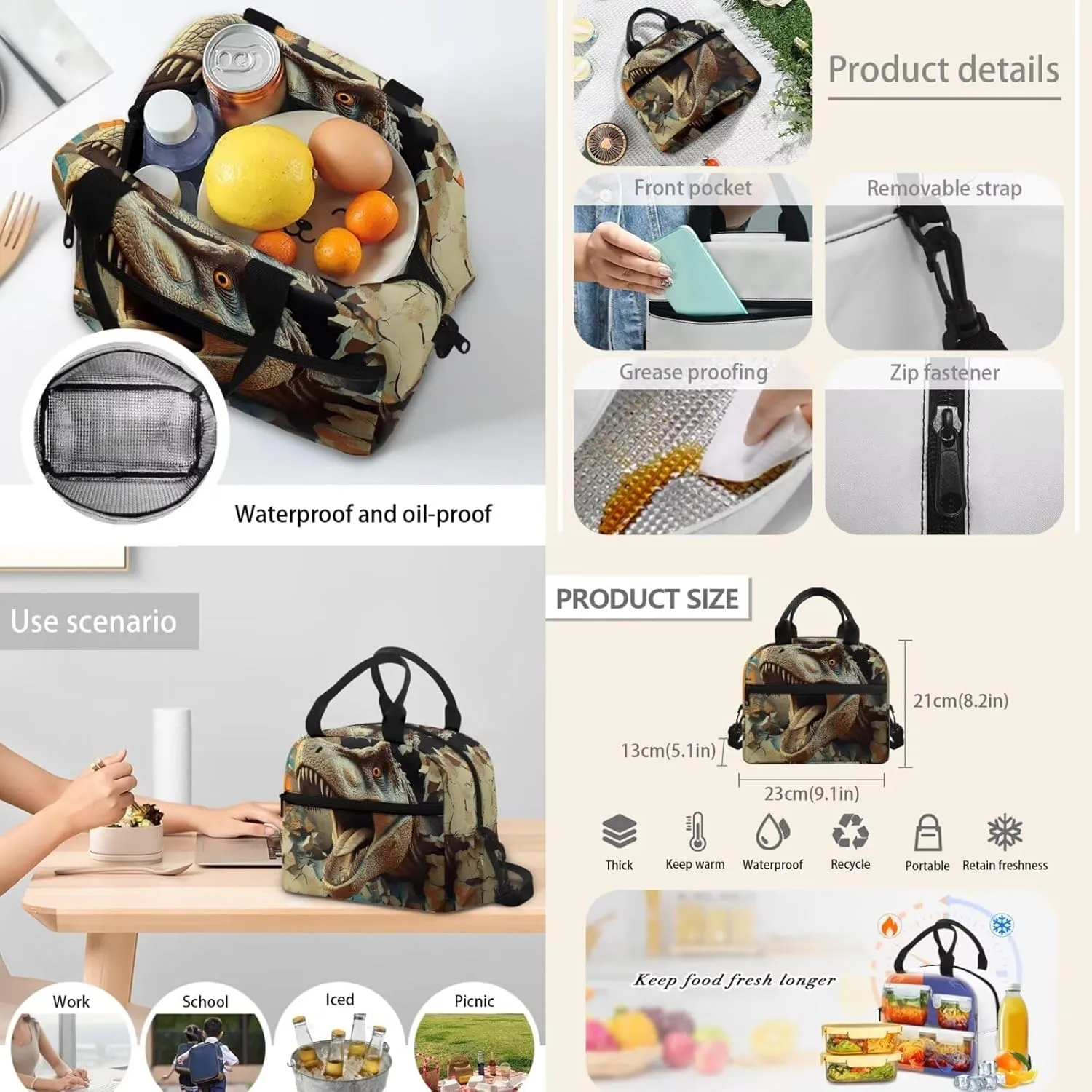 doginthehole 3D Dinosaur Backpack for Boys 6-8 15inch Cool Boys Bookbag with Lunch Box 4 Piece Large Capacity Boys School Bag Set for Preschool Elementary School Kids Canvas Bags