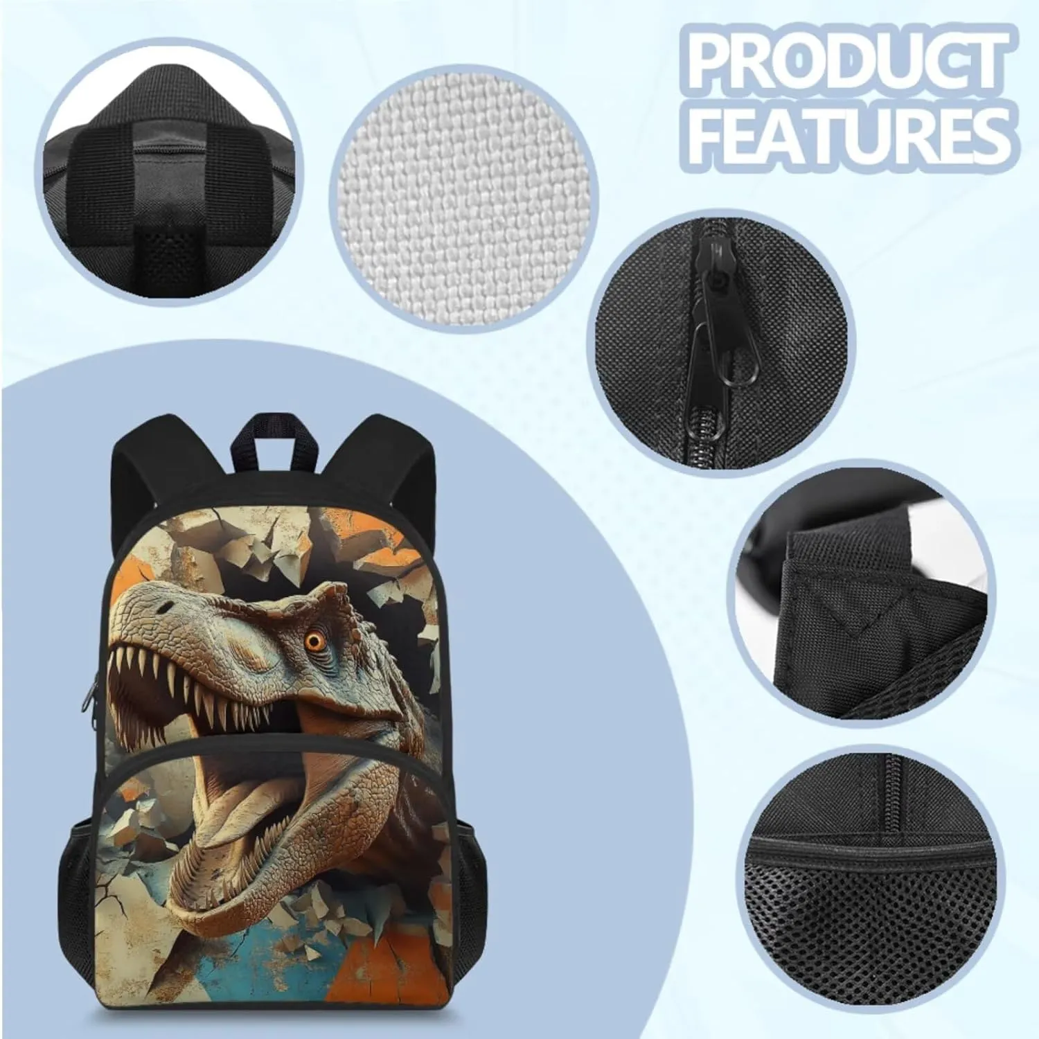 doginthehole 3D Dinosaur Backpack for Boys 6-8 15inch Cool Boys Bookbag with Lunch Box 4 Piece Large Capacity Boys School Bag Set for Preschool Elementary School Kids Canvas Bags