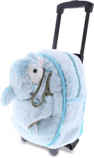 DolliBu Dolphin Plush Trolley and Purse Set - 3-in-1 Kids Trolley, Backpack, Blue Dolphin Purse, Soft Plush Backpack on Wheels, School Rolling Bag with Removable Plush Toy- 15"