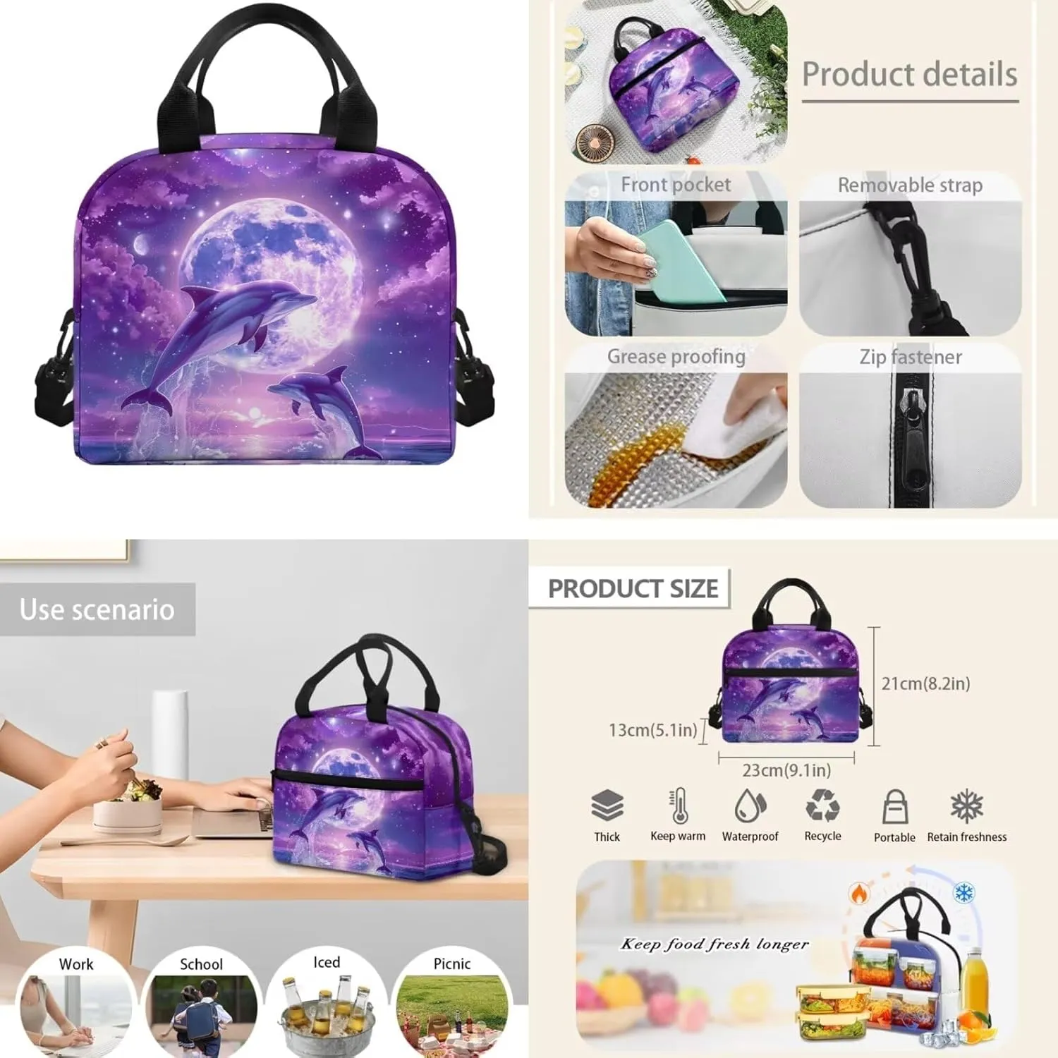 Dolphin Backpack for School Girls With Lunch Bag Bookbag for Kids 8-12 Elementary Primary School Bag Insulated Lunch Box Small Pencil Case Set 3 In1 Students Book Bags 5th/6th Grade 17inch