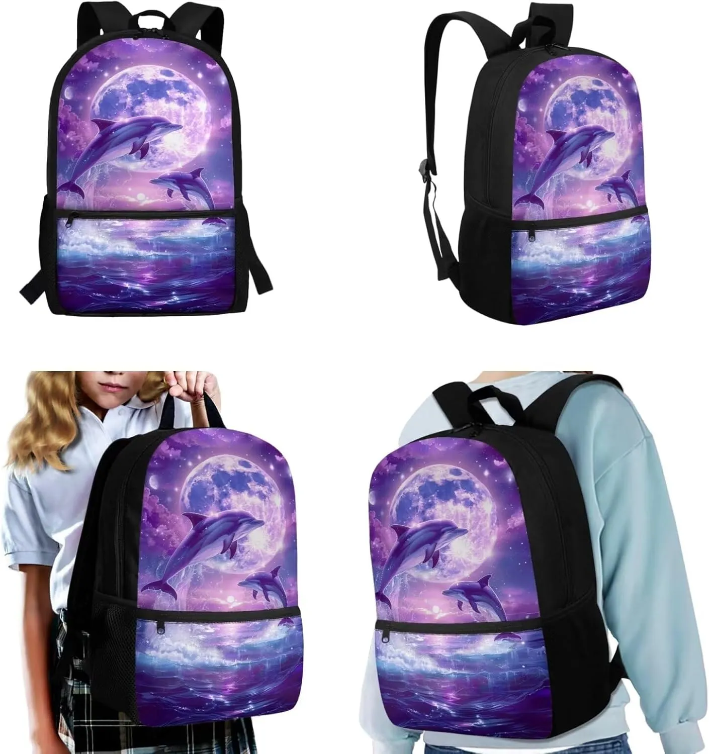 Dolphin Backpack for School Girls With Lunch Bag Bookbag for Kids 8-12 Elementary Primary School Bag Insulated Lunch Box Small Pencil Case Set 3 In1 Students Book Bags 5th/6th Grade 17inch