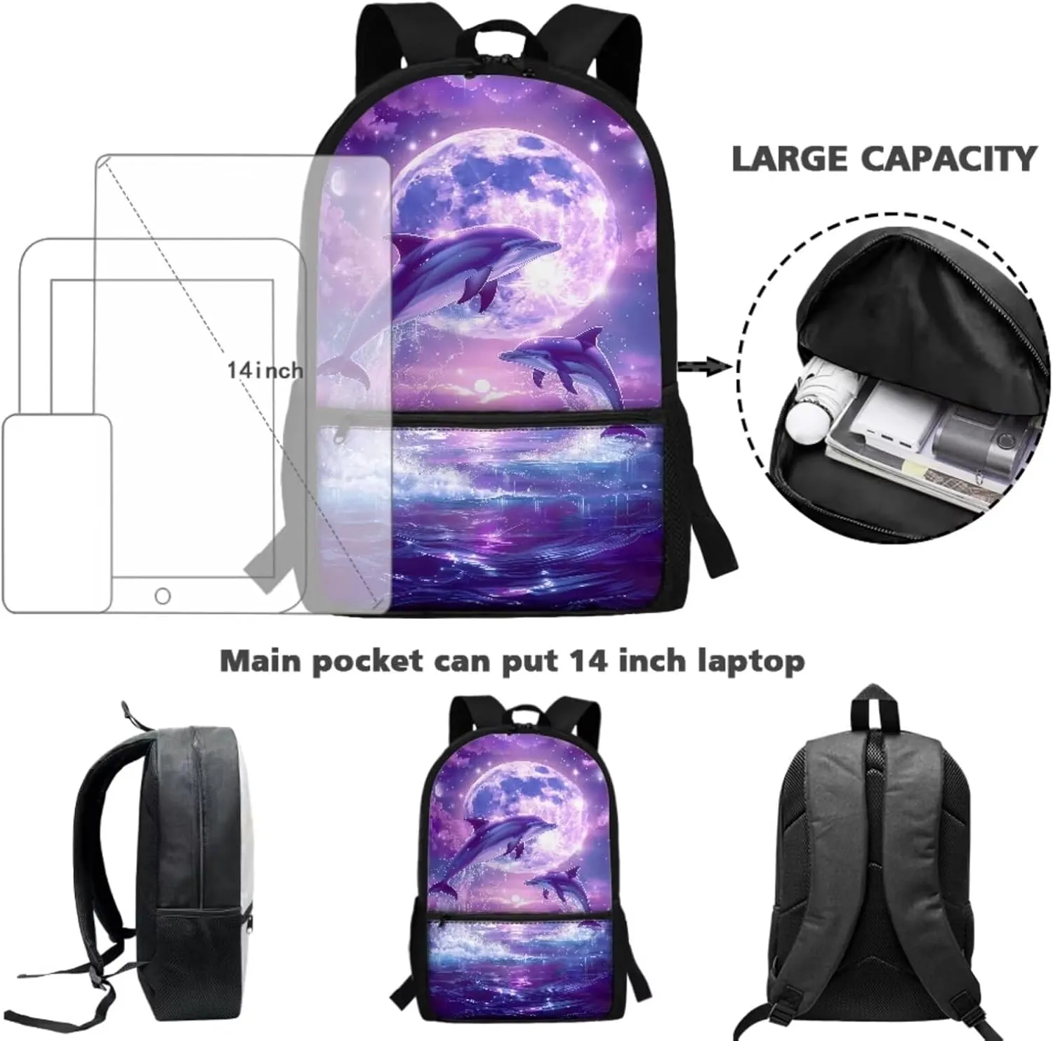 Dolphin Backpack for School Girls With Lunch Bag Bookbag for Kids 8-12 Elementary Primary School Bag Insulated Lunch Box Small Pencil Case Set 3 In1 Students Book Bags 5th/6th Grade 17inch