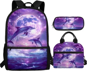 Dolphin Backpack for School Girls With Lunch Bag Bookbag for Kids 8-12 Elementary Primary School Bag Insulated Lunch Box Small Pencil Case Set 3 In1 Students Book Bags 5th/6th Grade 17inch