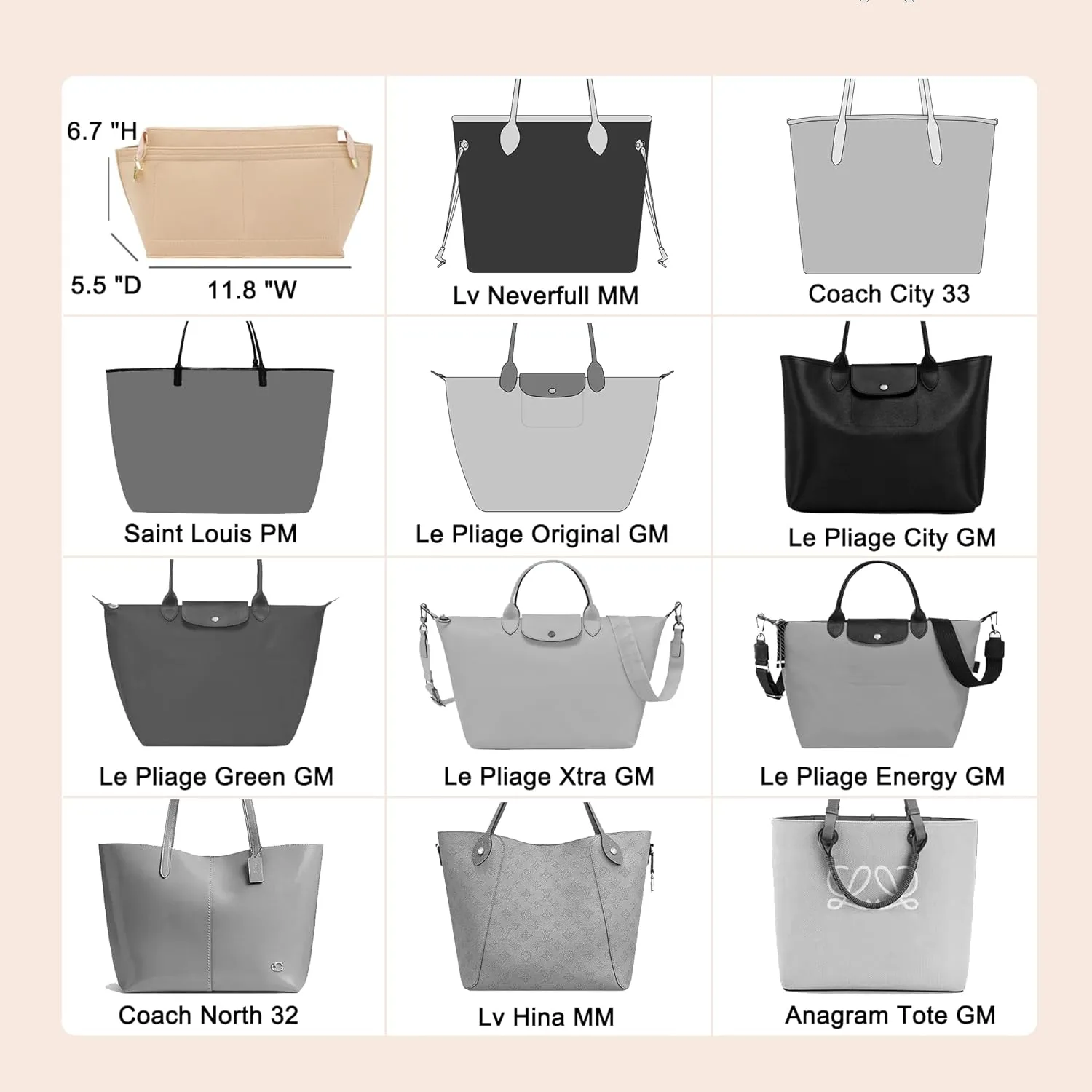 Doxo Purse Organizer Insert for Handbag and Tote Bag Suitable for Lv Neverfull MM/L.ongchamp GM Felt Tote Bag with Bottom Shaper, Beige with Lid, MM
