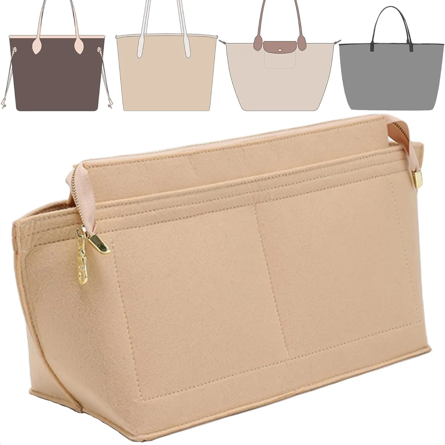 Doxo Purse Organizer Insert for Handbag and Tote Bag Suitable for Lv Neverfull MM/L.ongchamp GM Felt Tote Bag with Bottom Shaper, Beige with Lid, MM