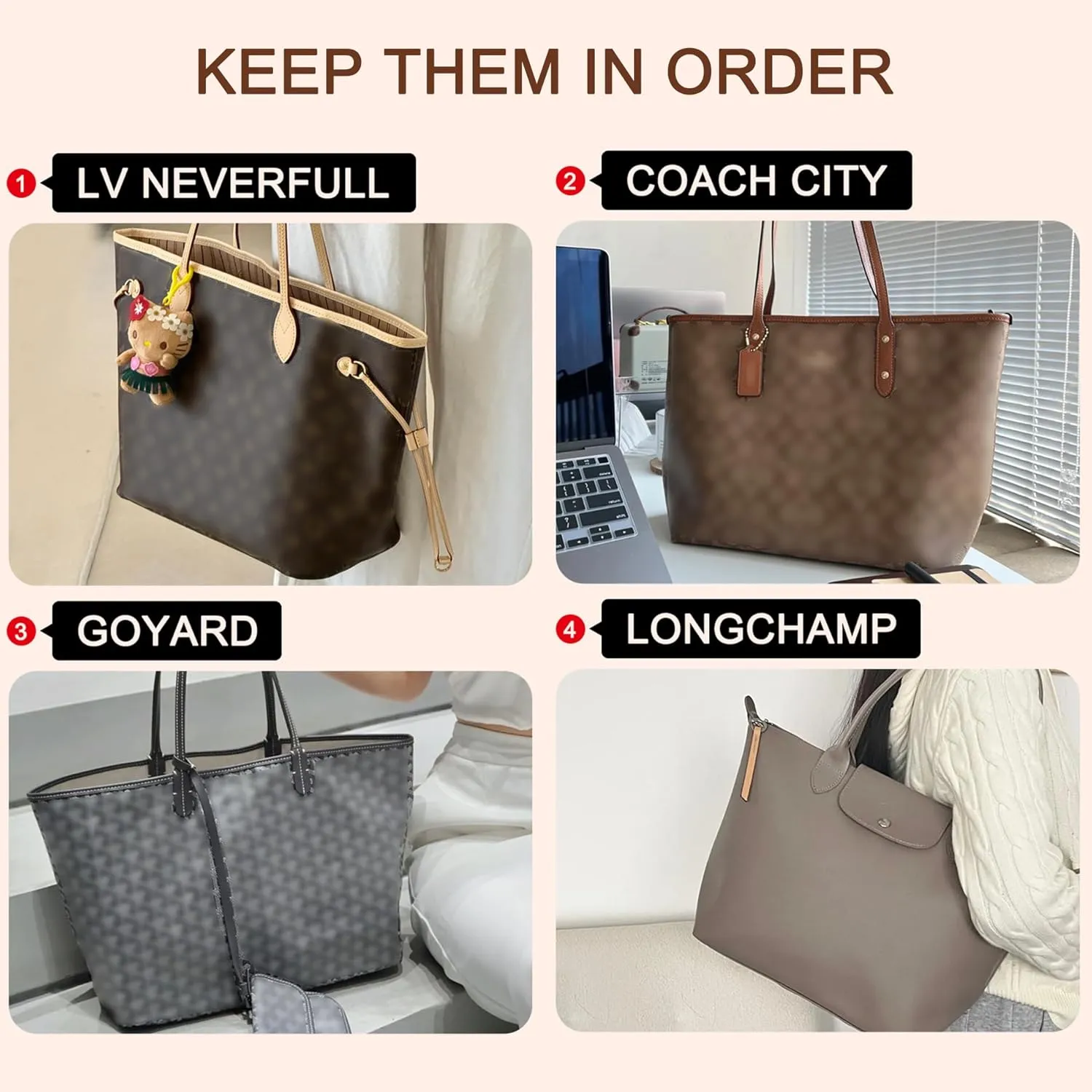 Doxo Purse Organizer Insert for Handbag and Tote Bag Suitable for Lv Neverfull MM/L.ongchamp GM Felt Tote Bag with Bottom Shaper, Beige with Lid, MM